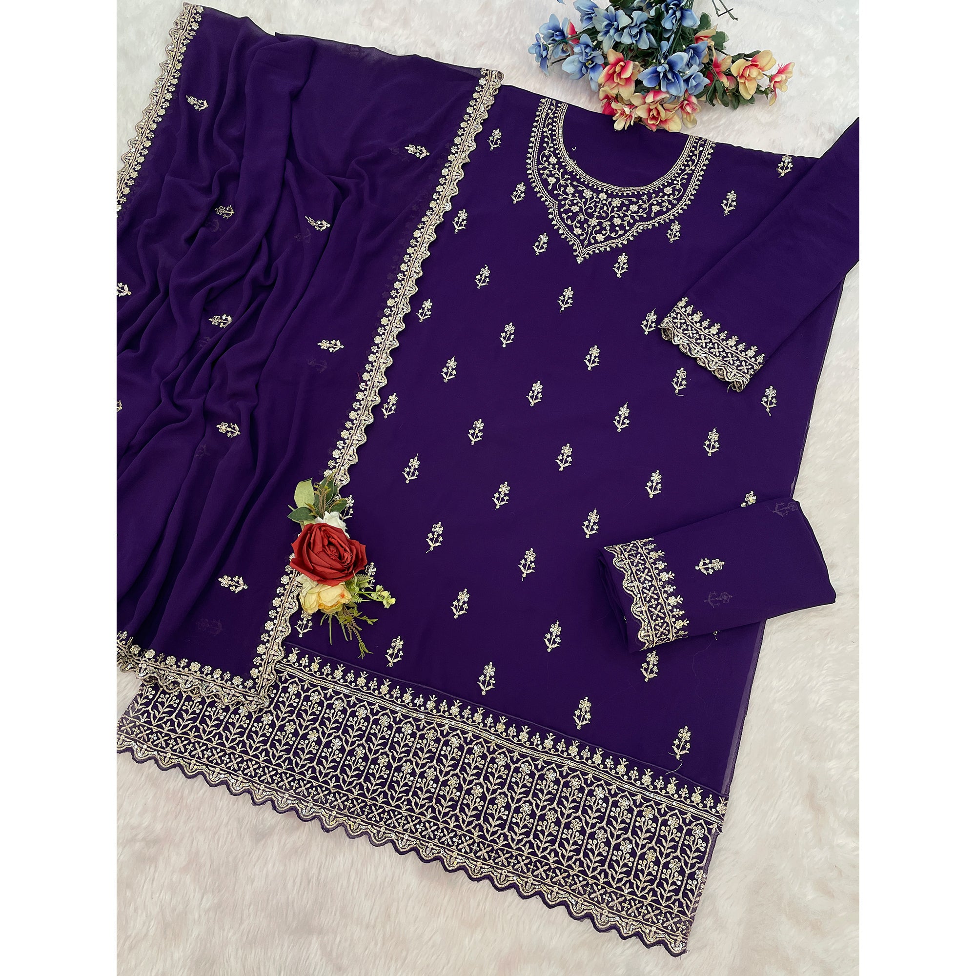 Charming Royal Purple  Floral Sequins Embroidered Georgette Semi Stitched Pakistani Salwar Suit
