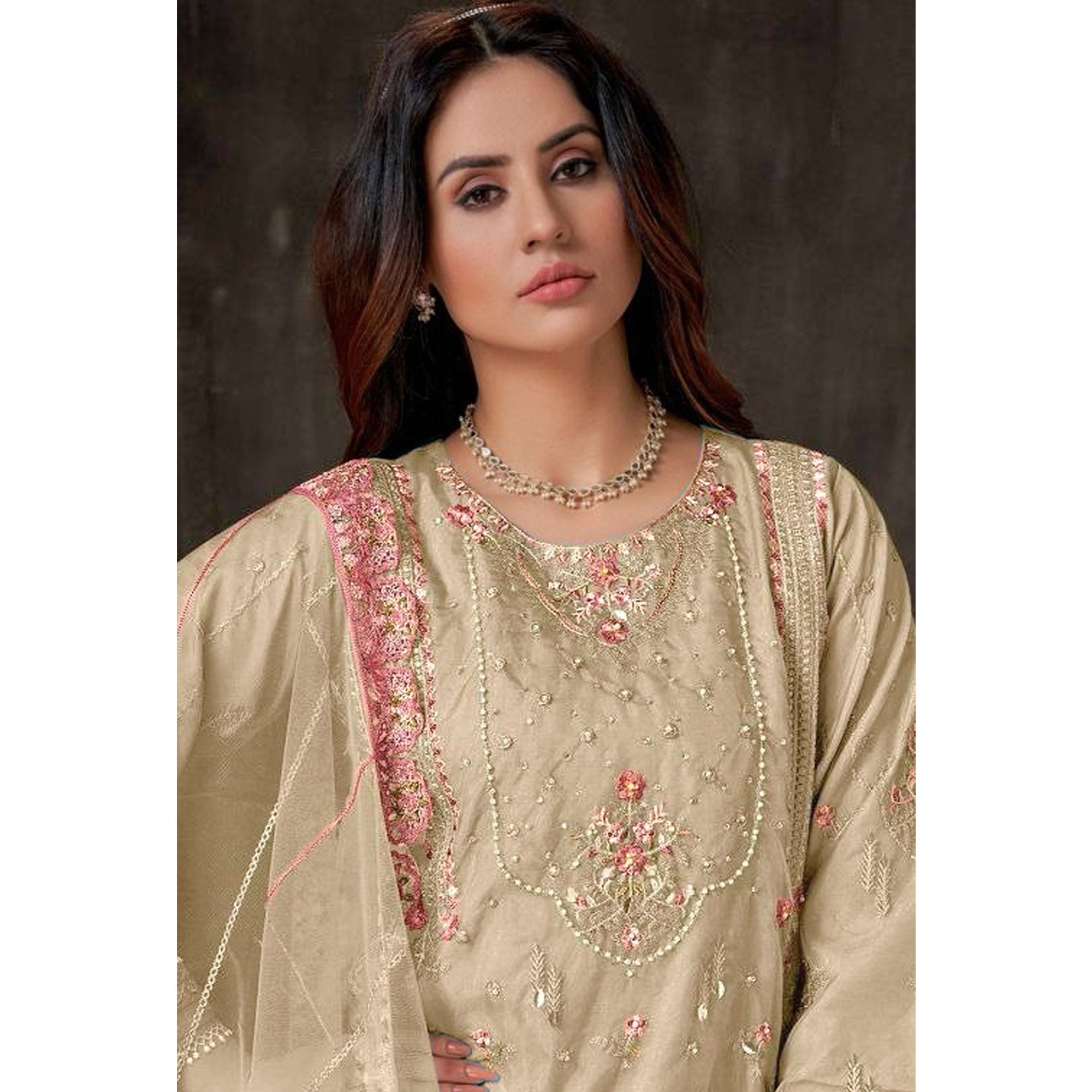 Cream Floral Embroidered Georgette Pakistani Semi Stitched Dress Material