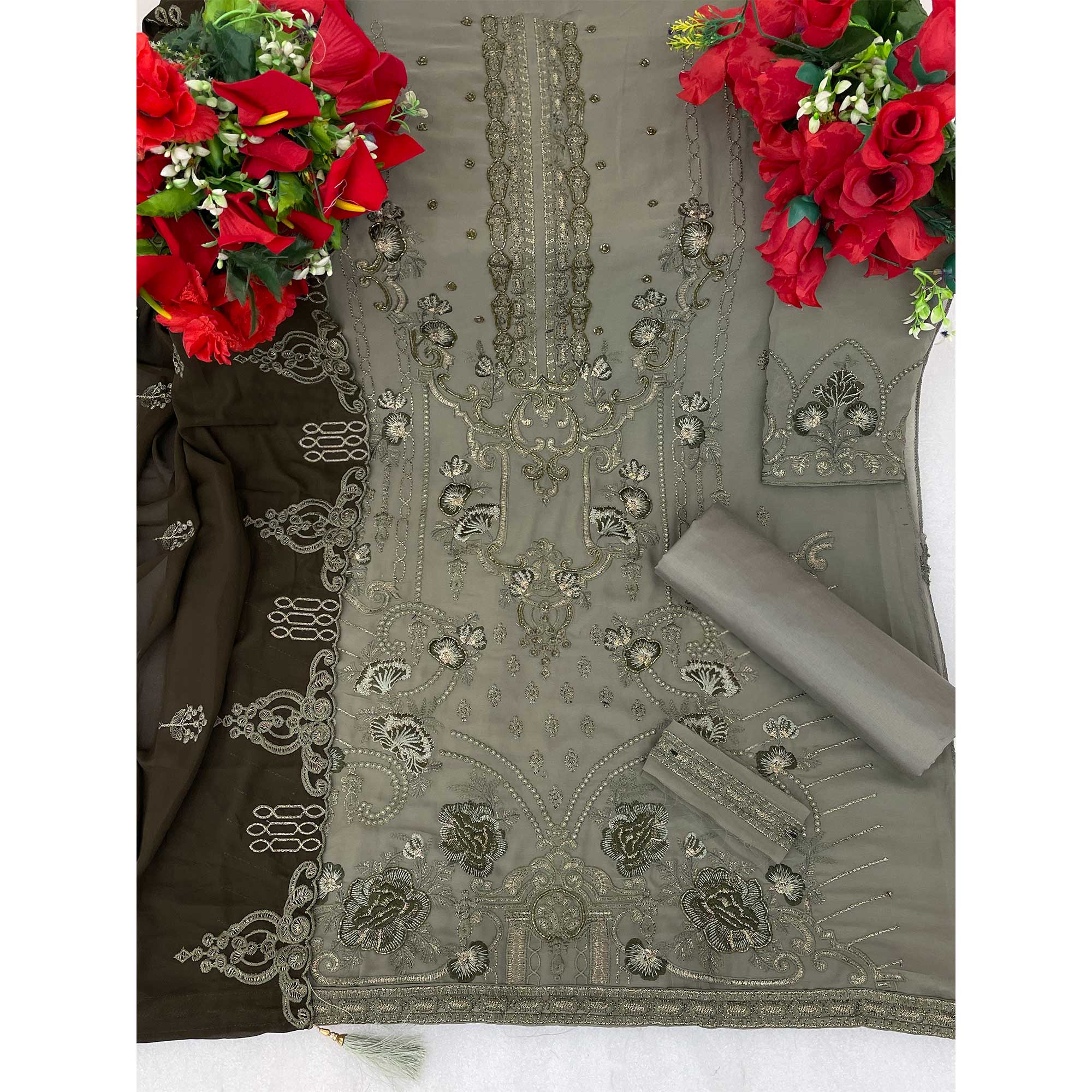 Green Floral Embroidered Georgette Semi Stitched Pakistani Suit