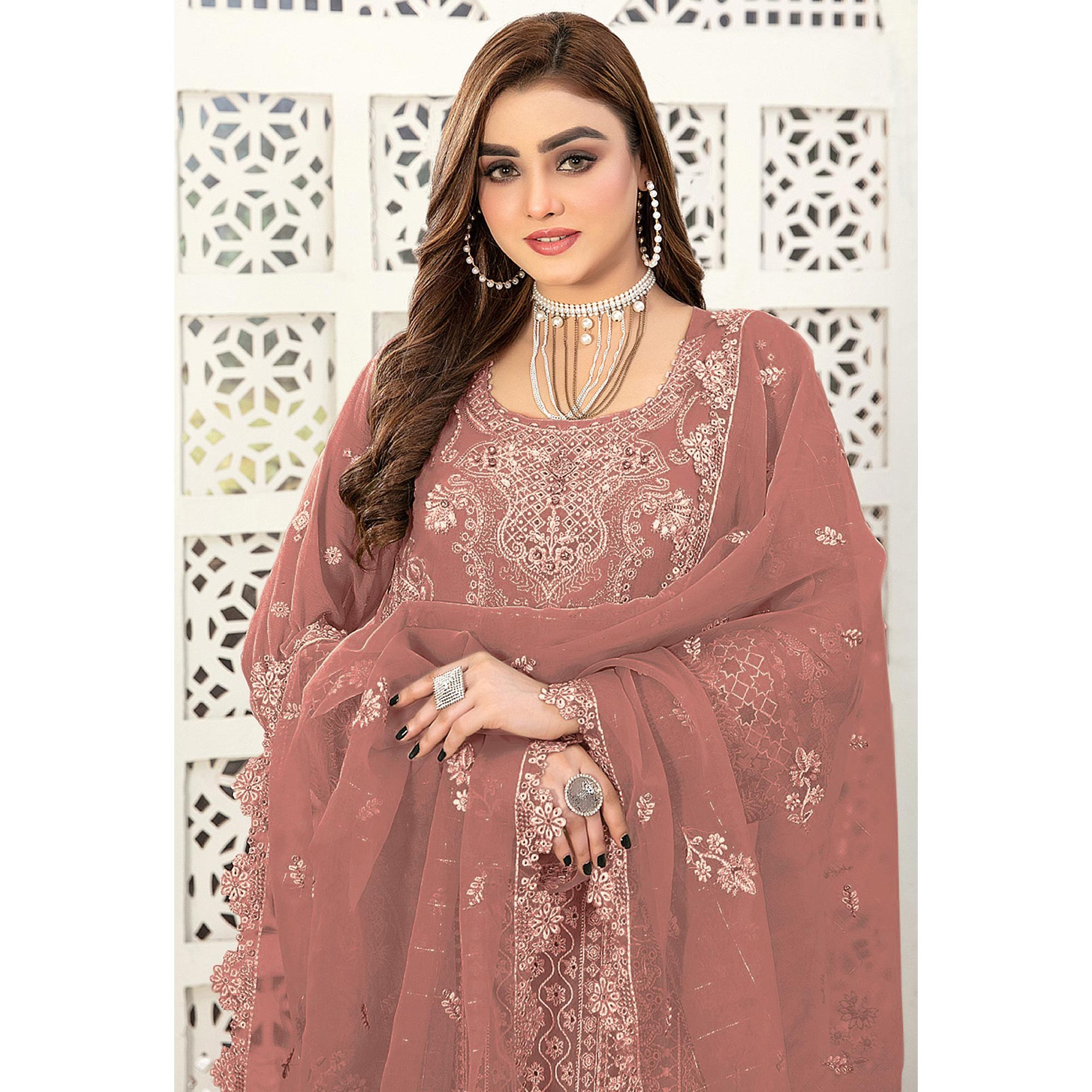 Dusty Peach Floral Embroidered Georgette Semi Stitched Pakistani Suit