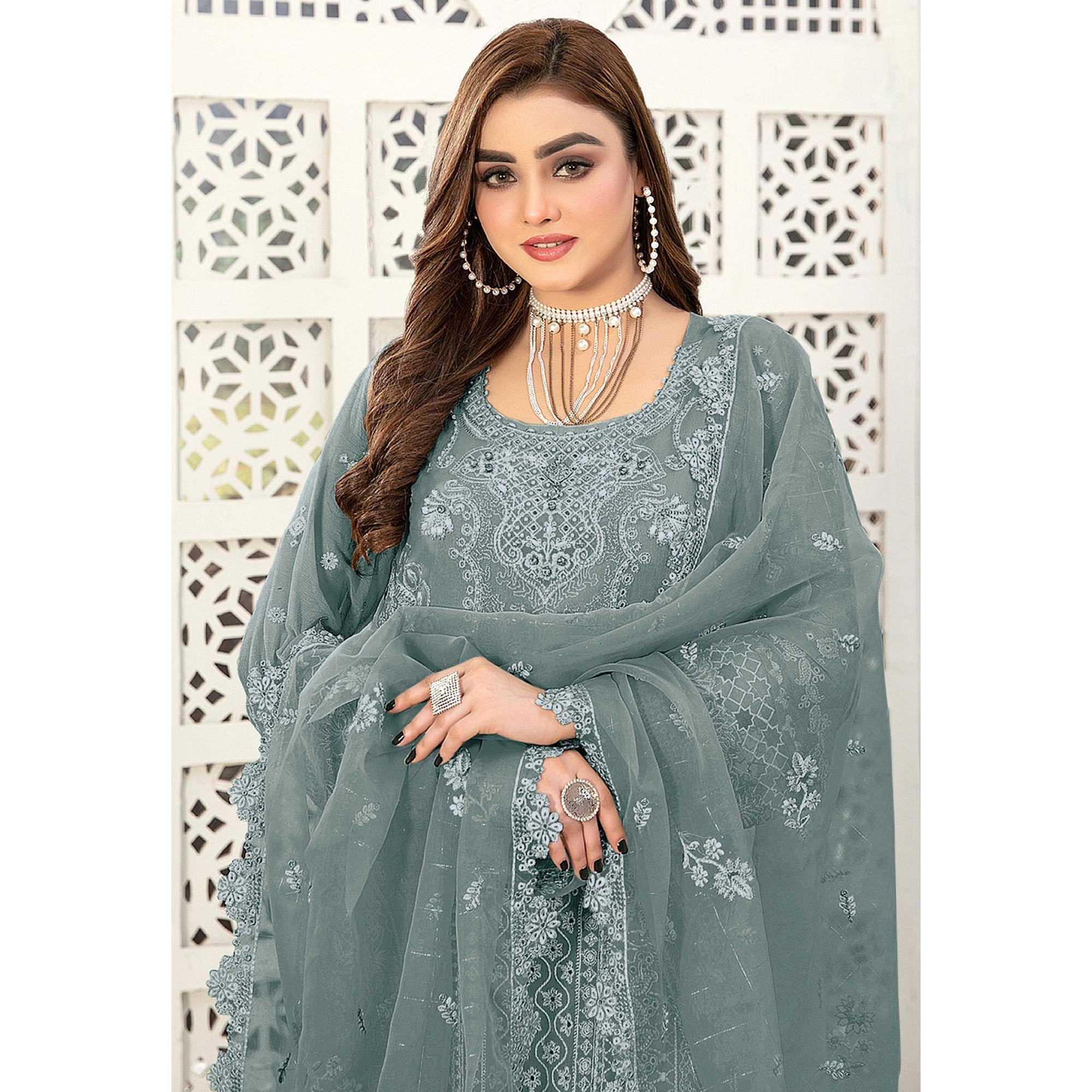 Blue Floral Embroidered Georgette Semi Stitched Pakistani Suit