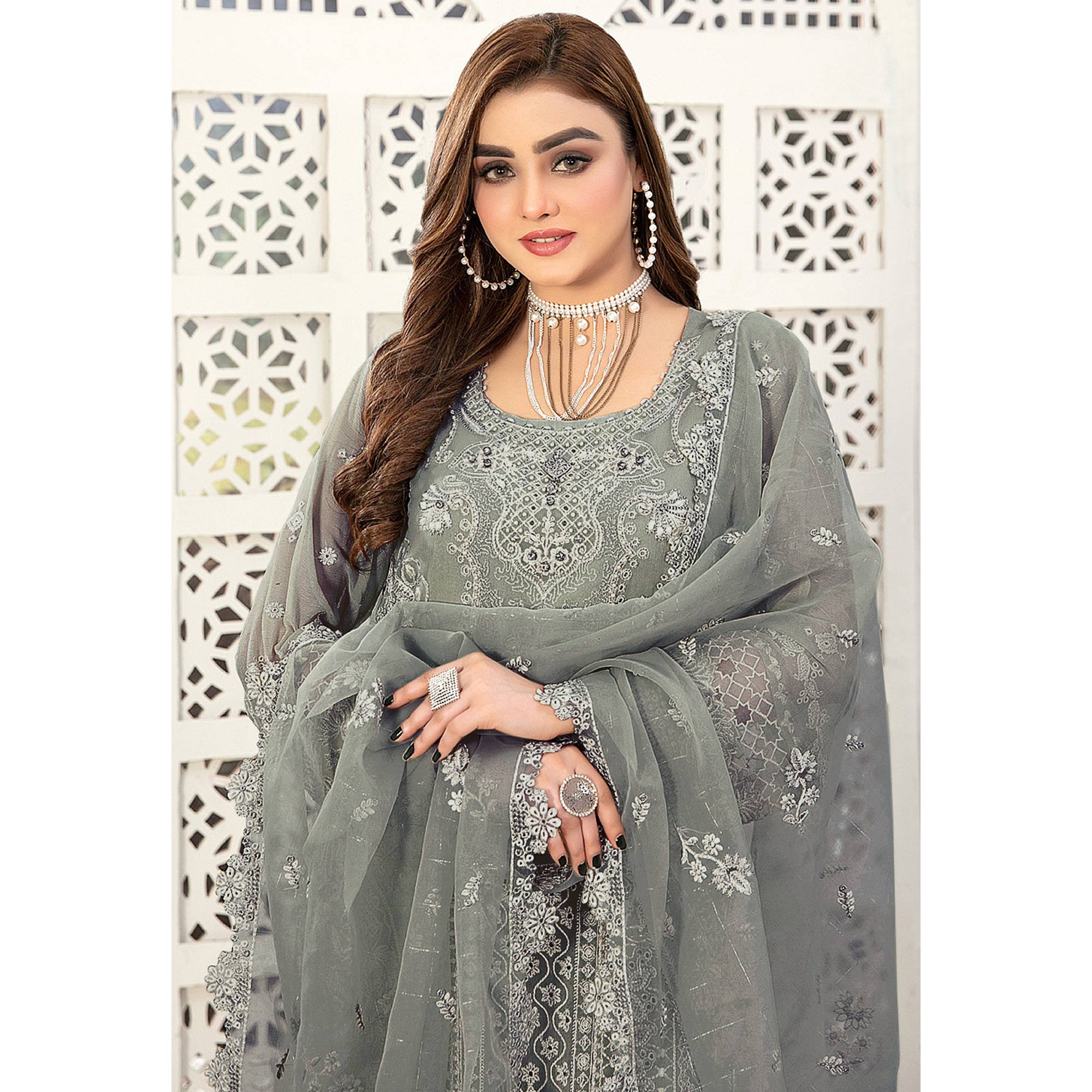 Green Floral Embroidered Georgette Semi Stitched Pakistani Suit