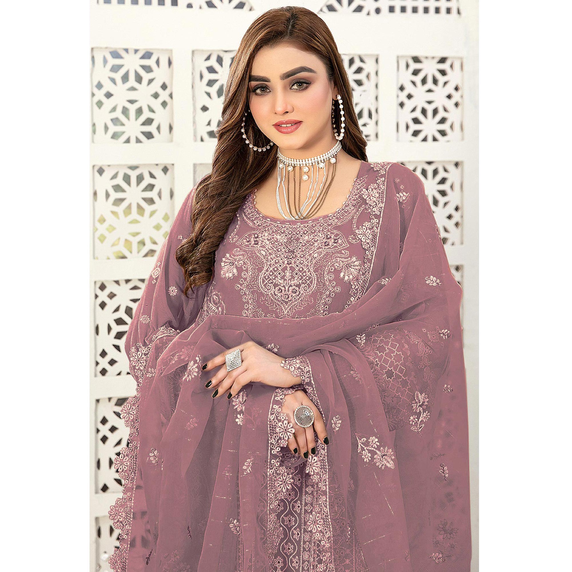 Mauve Floral Embroidered Georgette Semi Stitched Pakistani Suit