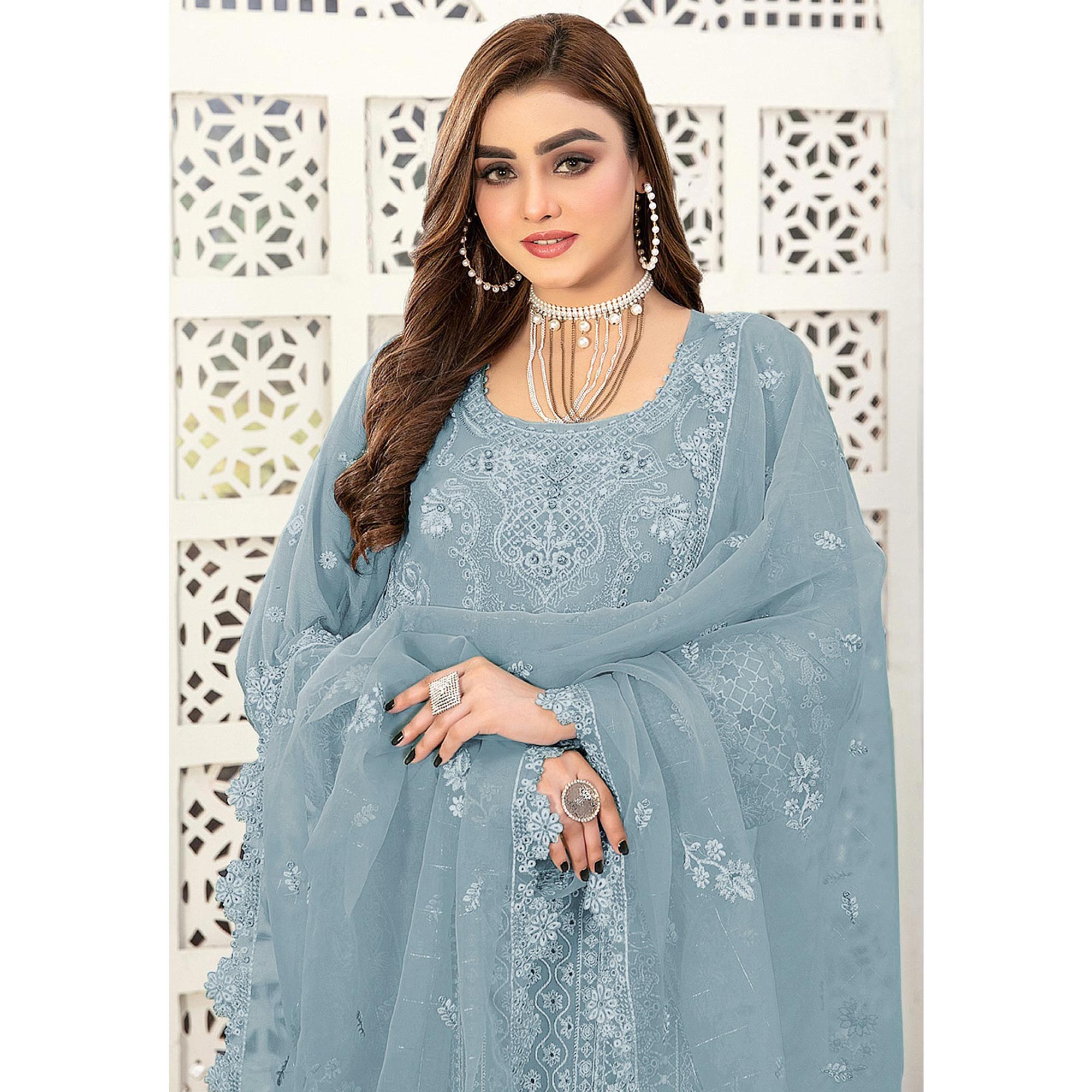 Sky Blue Floral Embroidered Georgette Semi Stitched Pakistani Suit