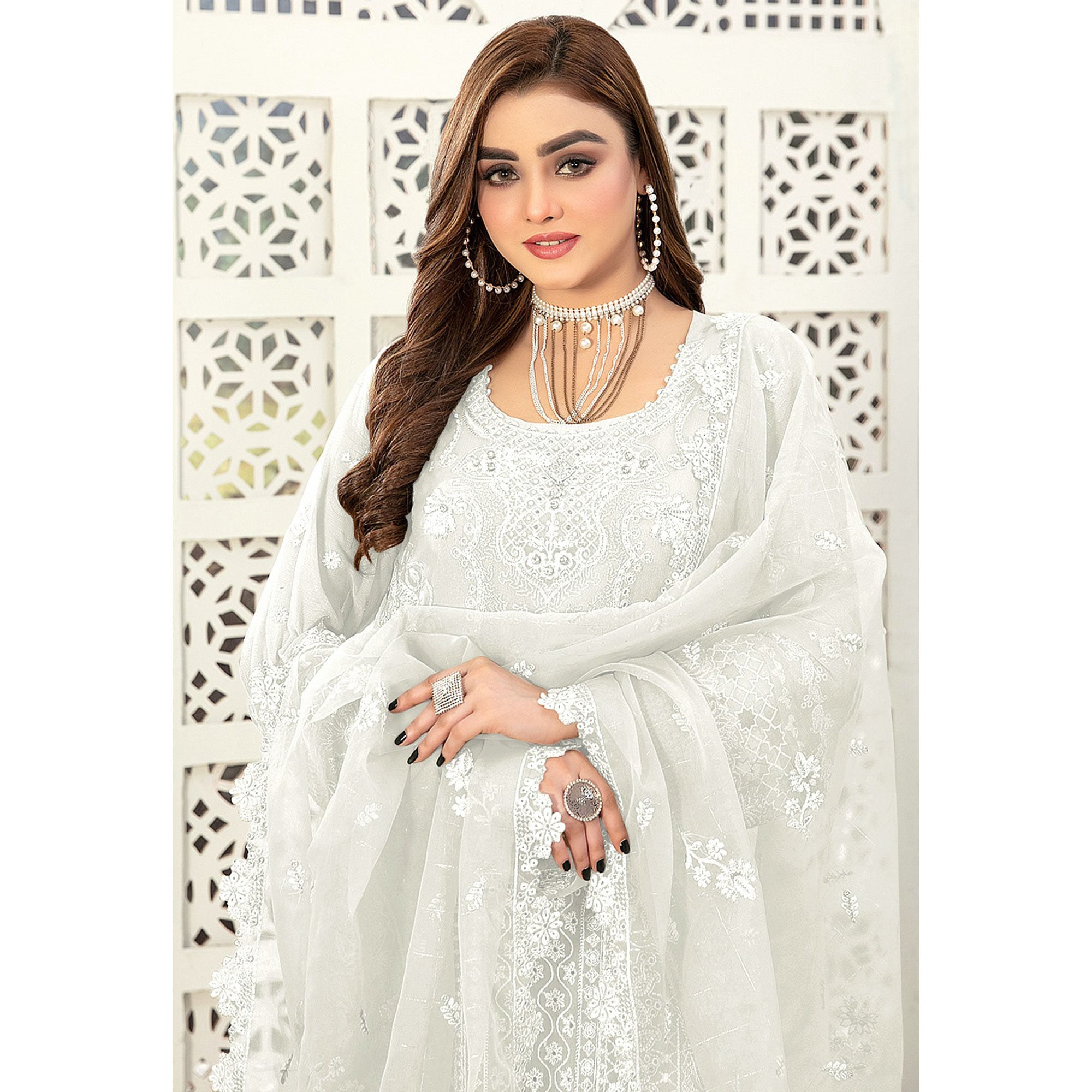 White Floral Embroidered Georgette Semi Stitched Pakistani Suit