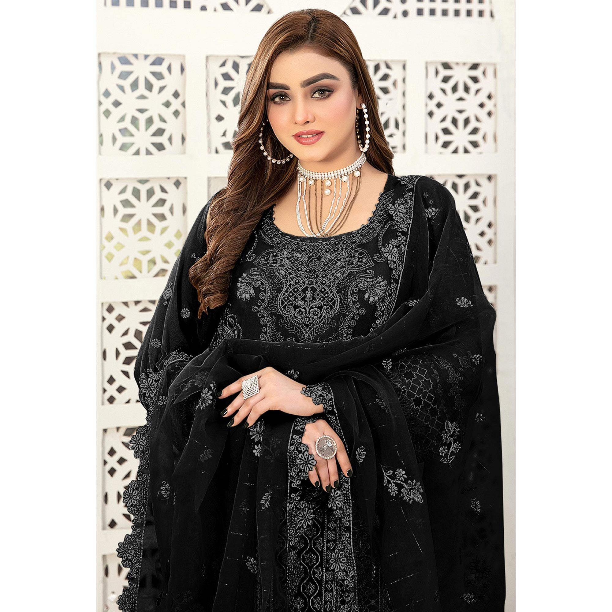 Black Floral Embroidered Georgette Semi Stitched Pakistani Suit