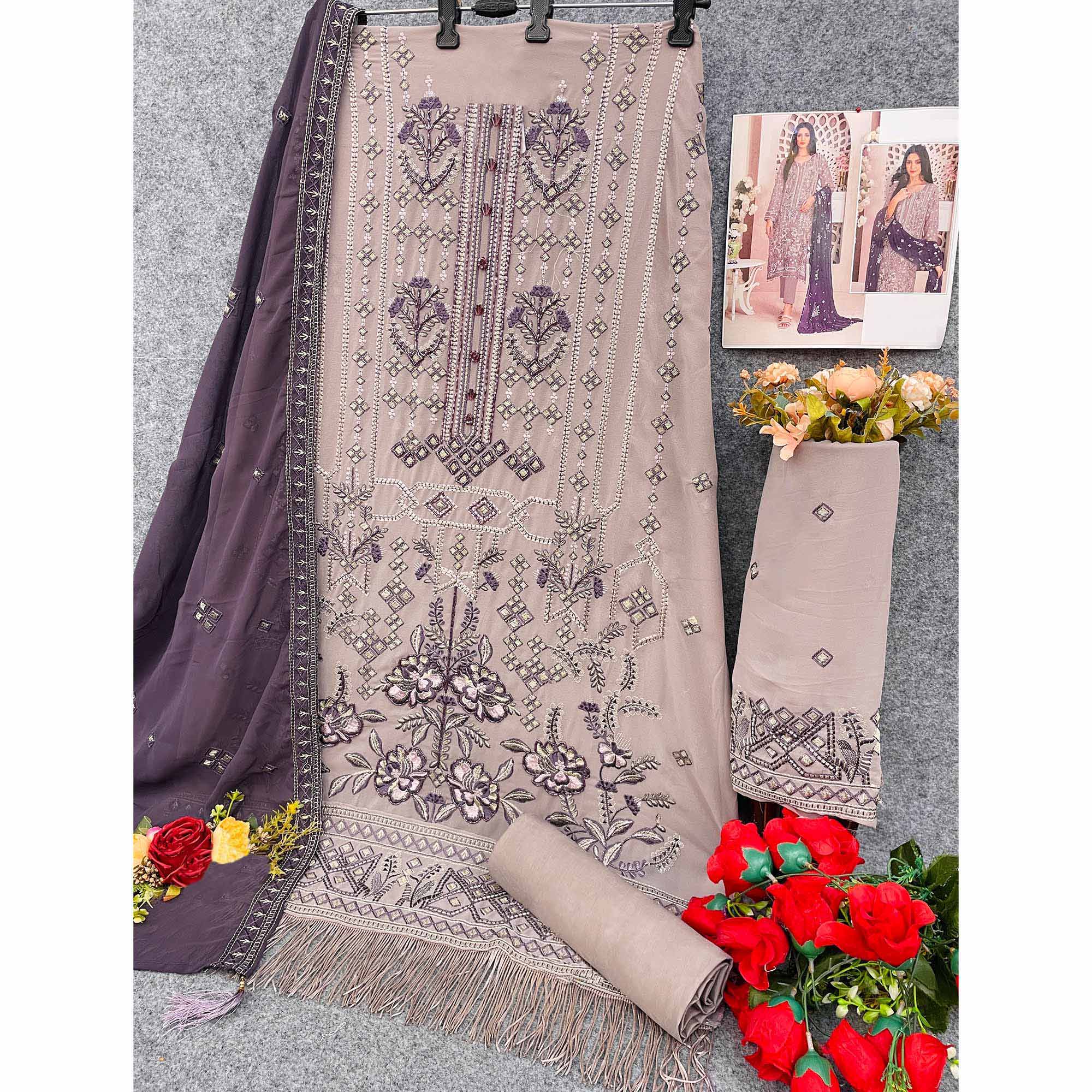 Light Coffee Brown Floral Embroidered With Handwork Georgette Semi Stitched Pakistani Suit