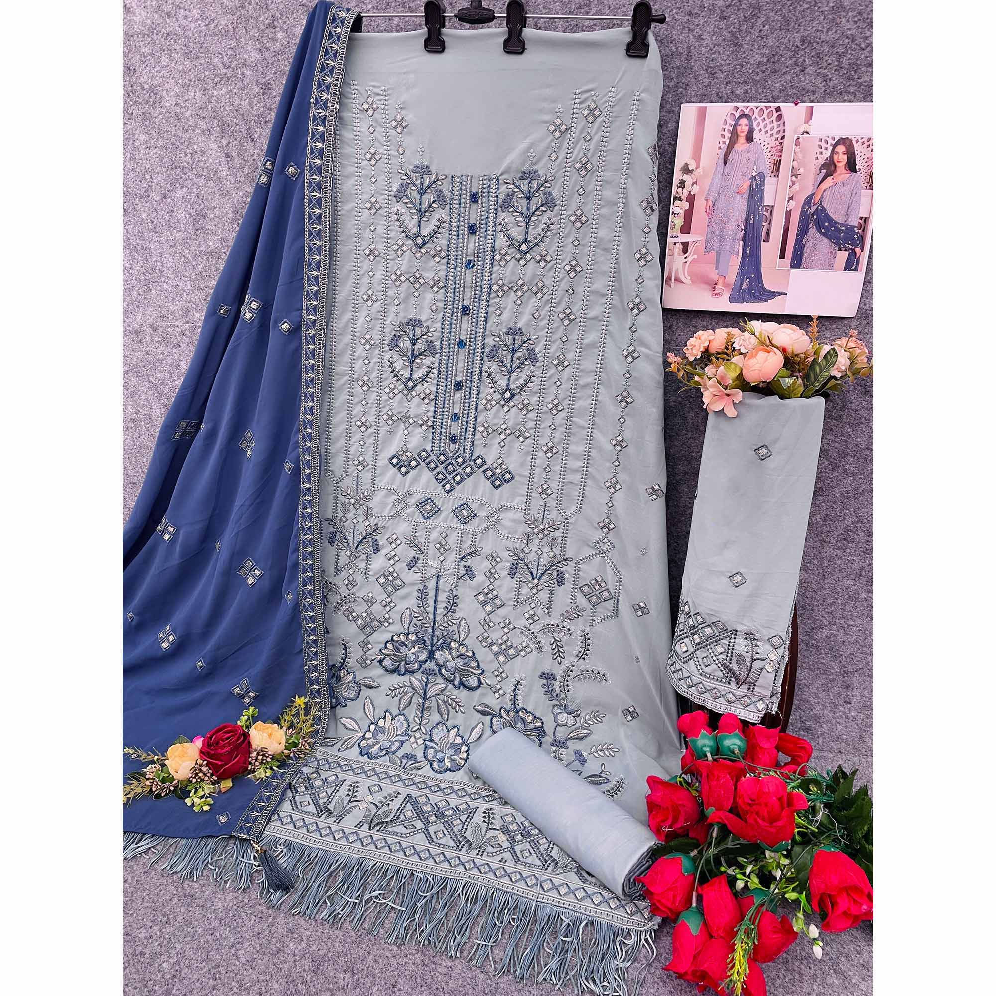 Greyish Blue Floral Embroidered With Handwork Georgette Semi Stitched Pakistani Suit