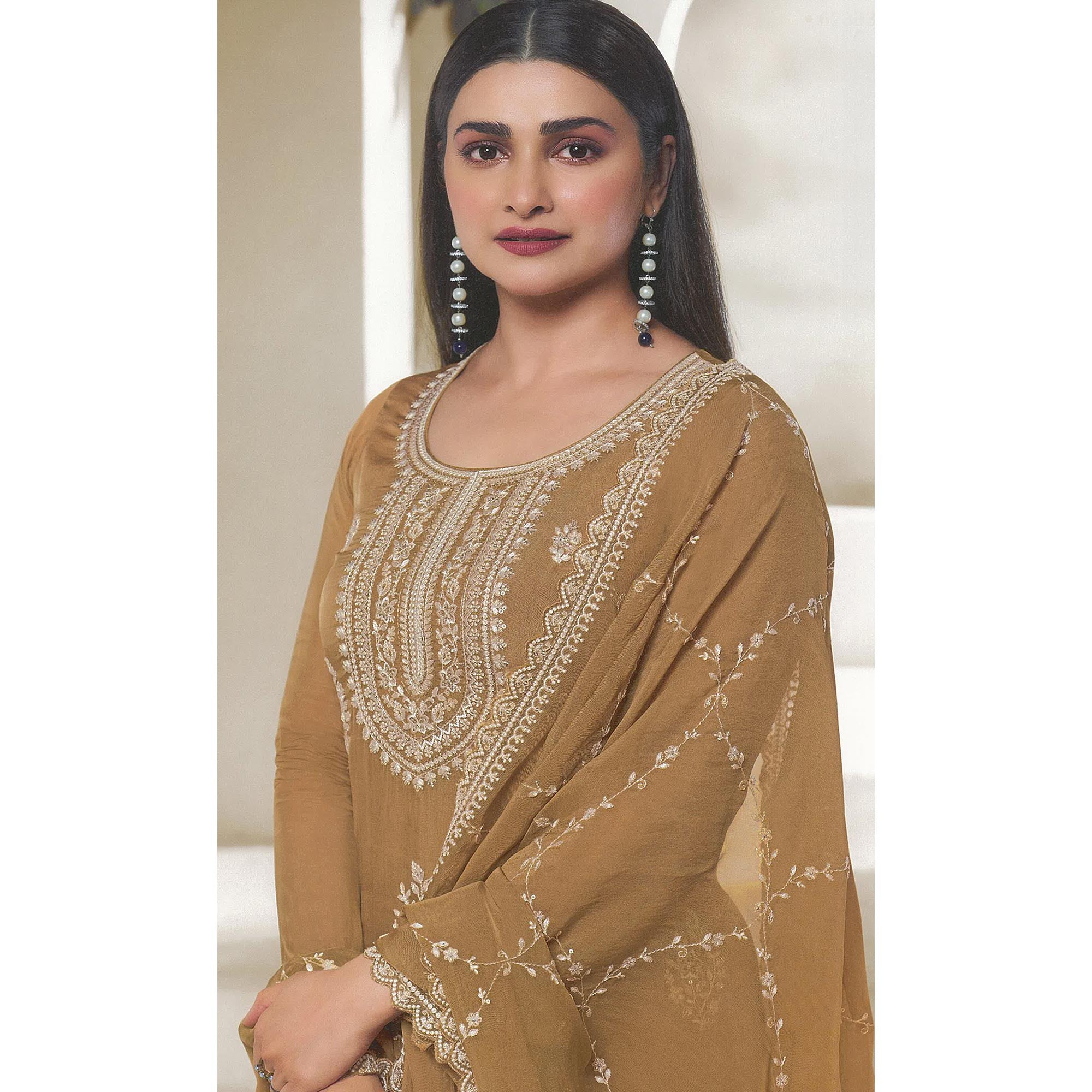 Light Brown Floral Embroidered Organza Semi Stitched Salwar Suit