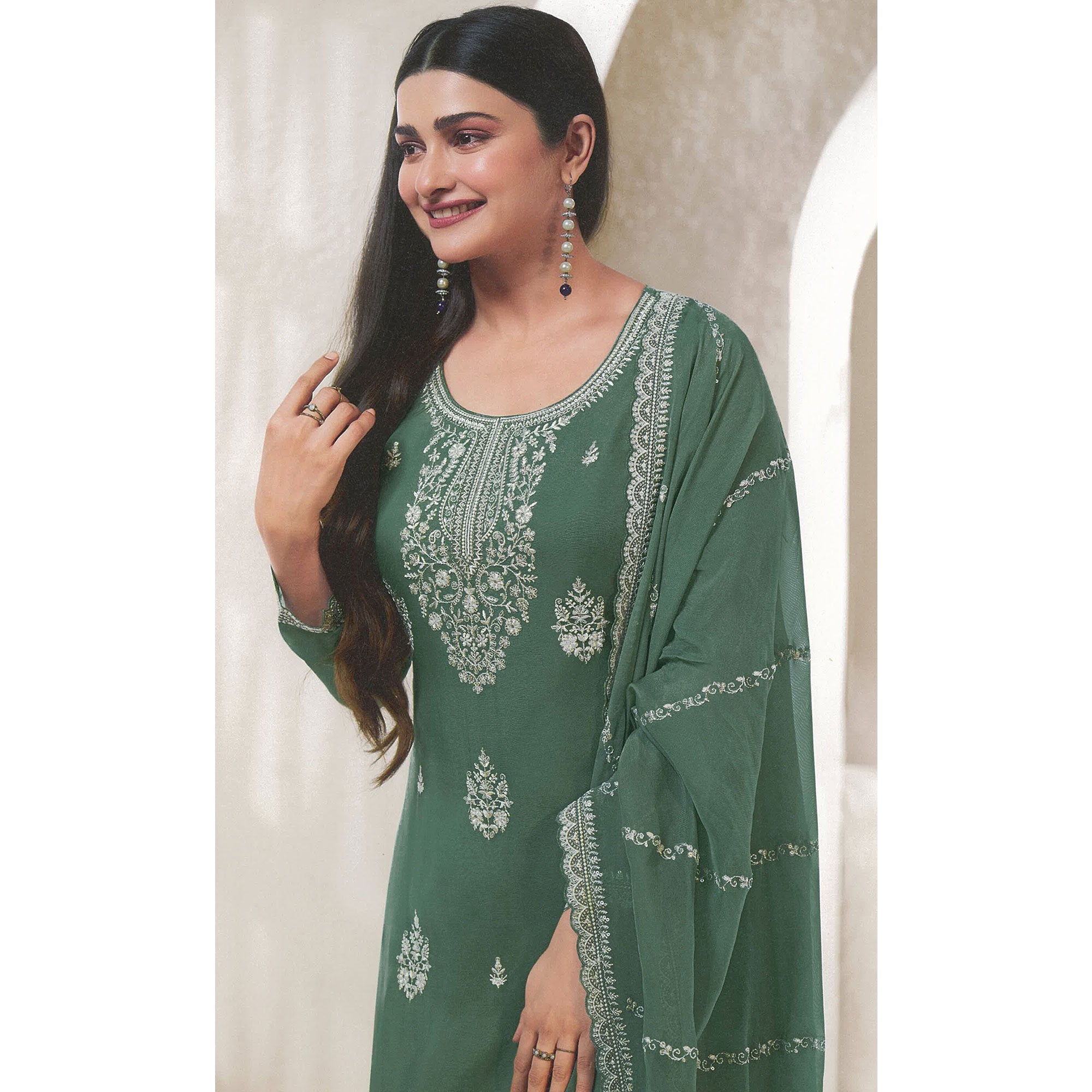 Green Floral Embroidered Organza Semi Stitched Salwar Suit