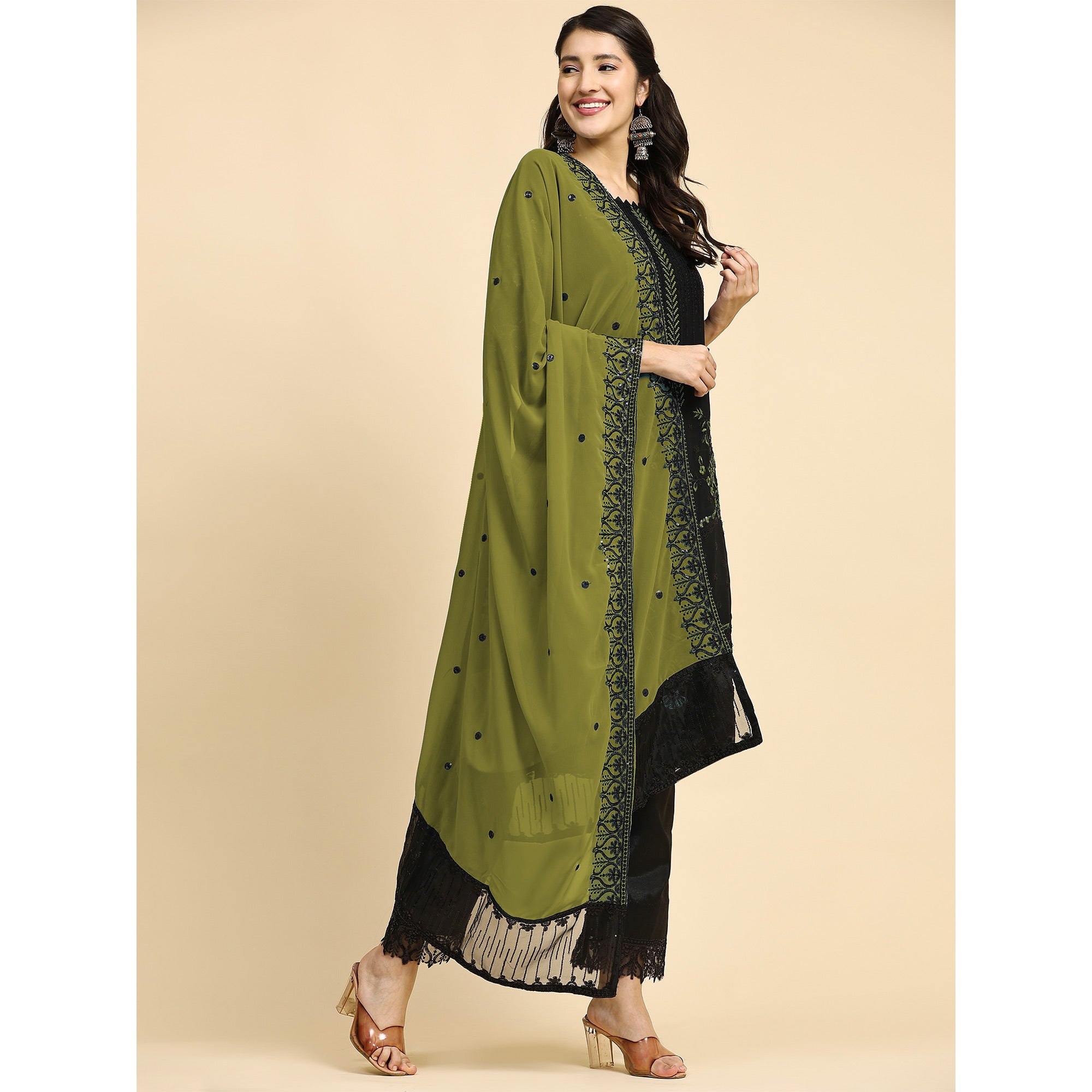 Black & Green Floral Embroidered Georgette Semi Stitched Pakistani Suit