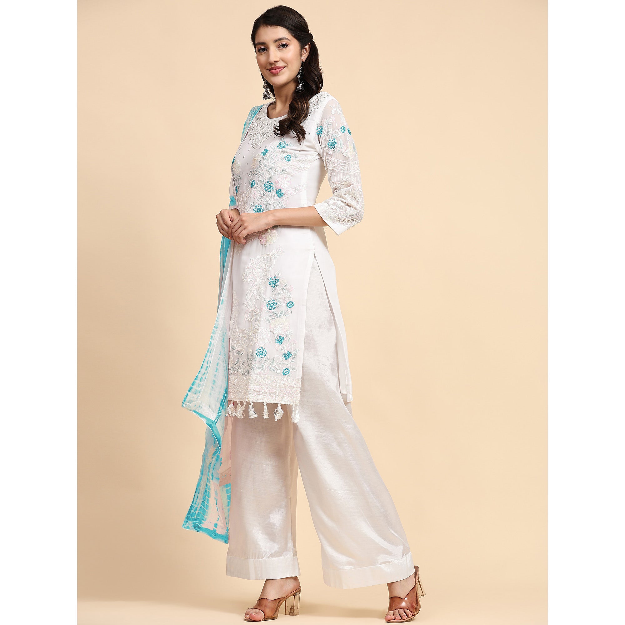 White & Blue Floral Sequins Embroidered Georgette Semi Stitched Pakistani Suit