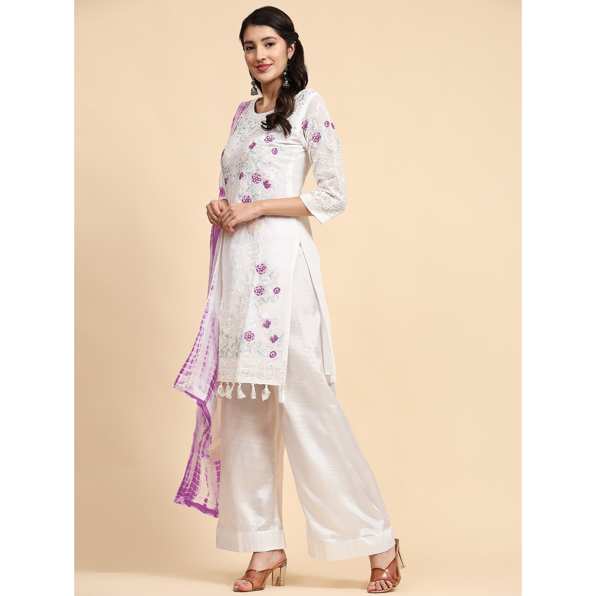 White & Purple Floral Sequins Embroidered Georgette Semi Stitched Pakistani Suit