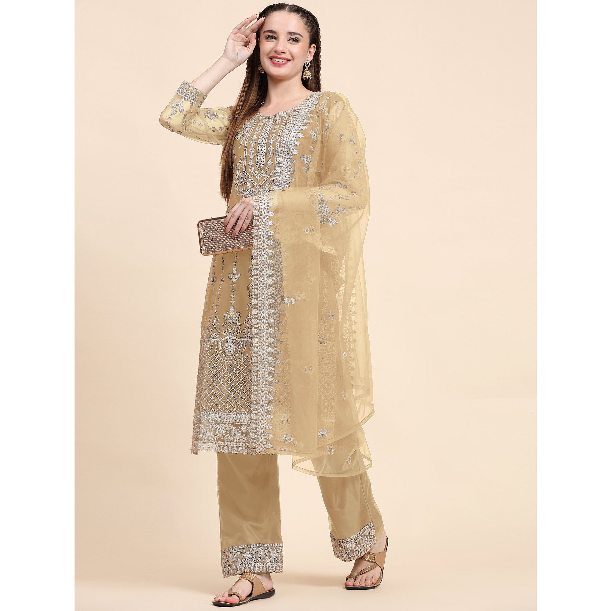 Beige Sequins Embroidered Net Semi Stitched Pakistani Suit