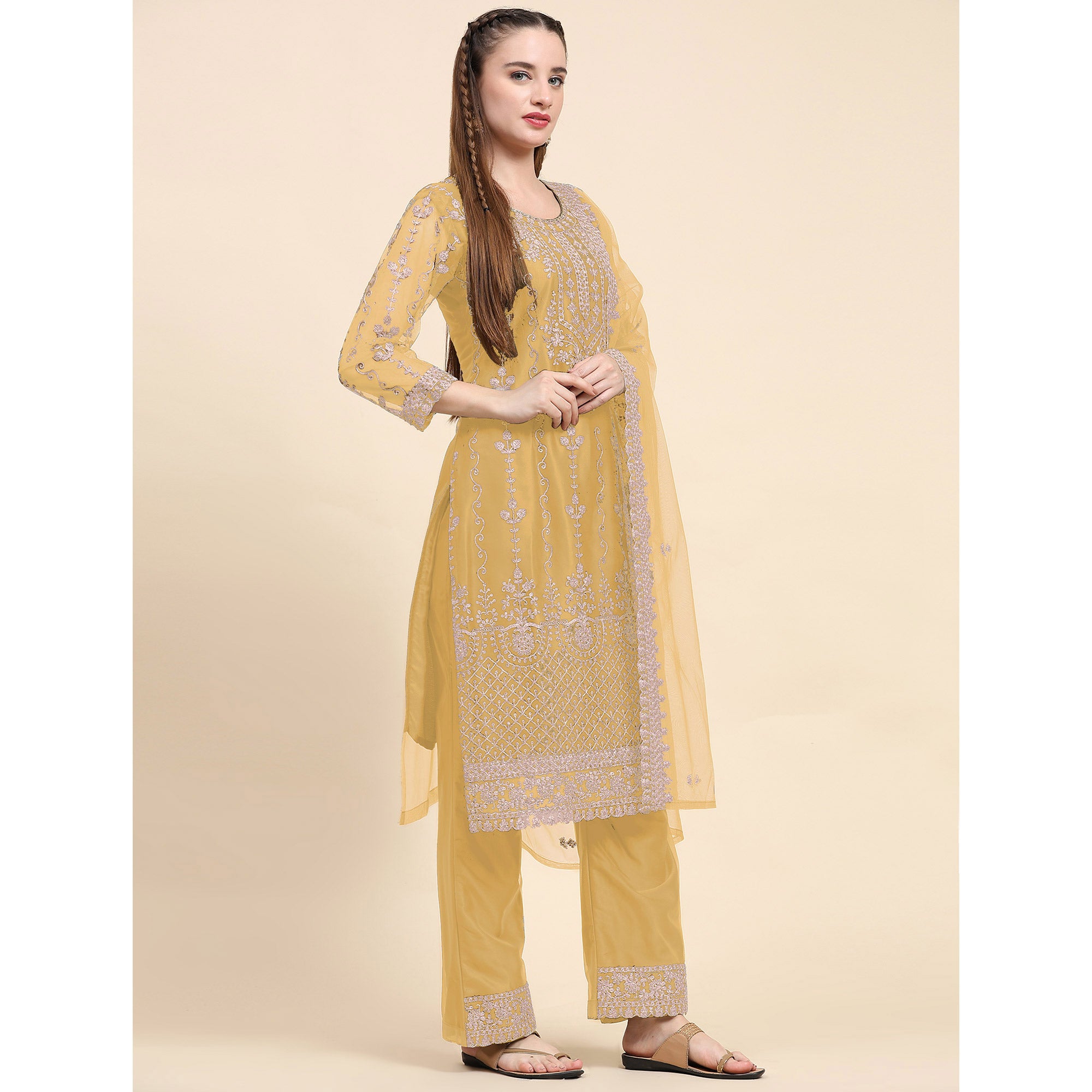 Yellow Sequins Embroidered Net Semi Stitched Pakistani Suit