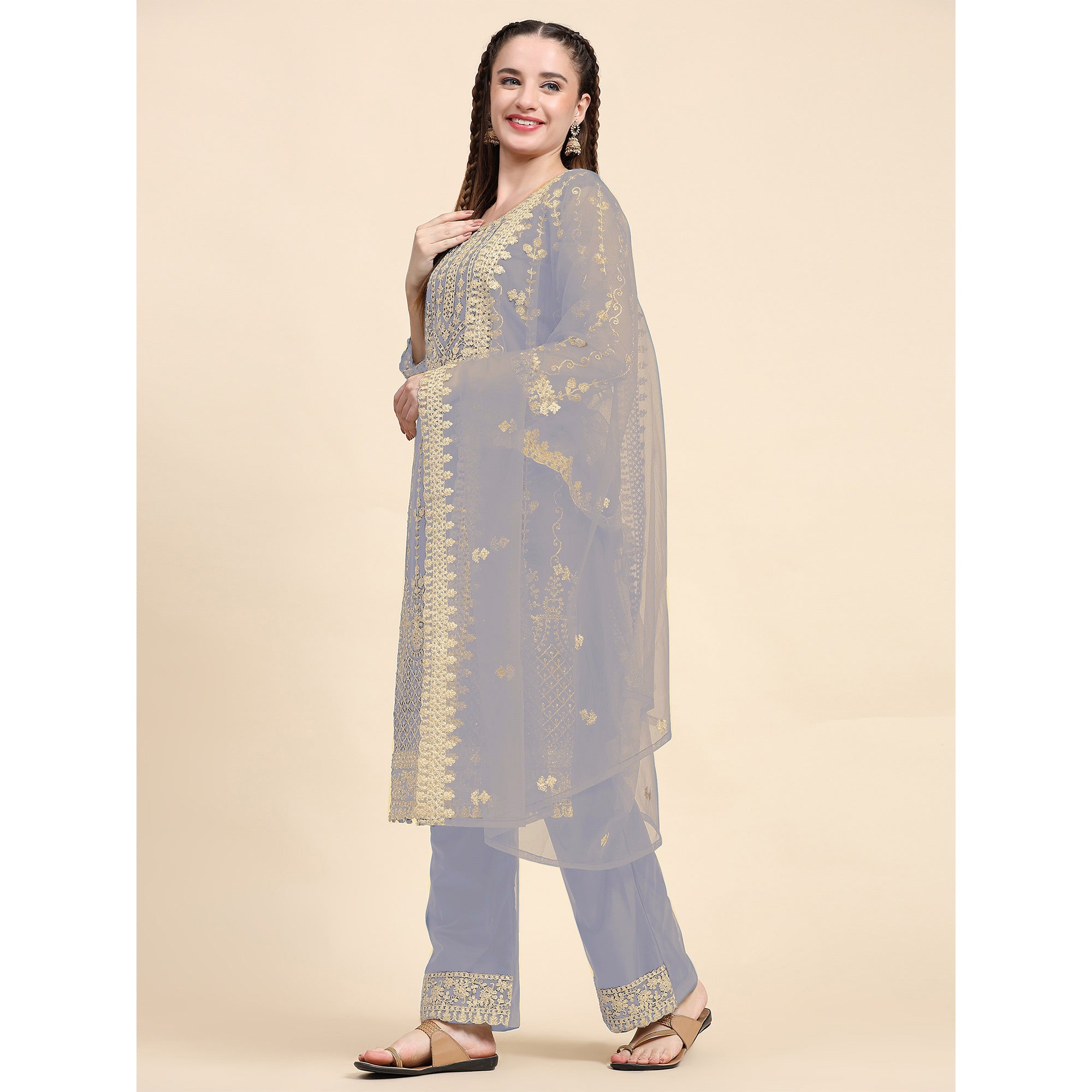 Grey Sequins Embroidered Net Semi Stitched Pakistani Suit
