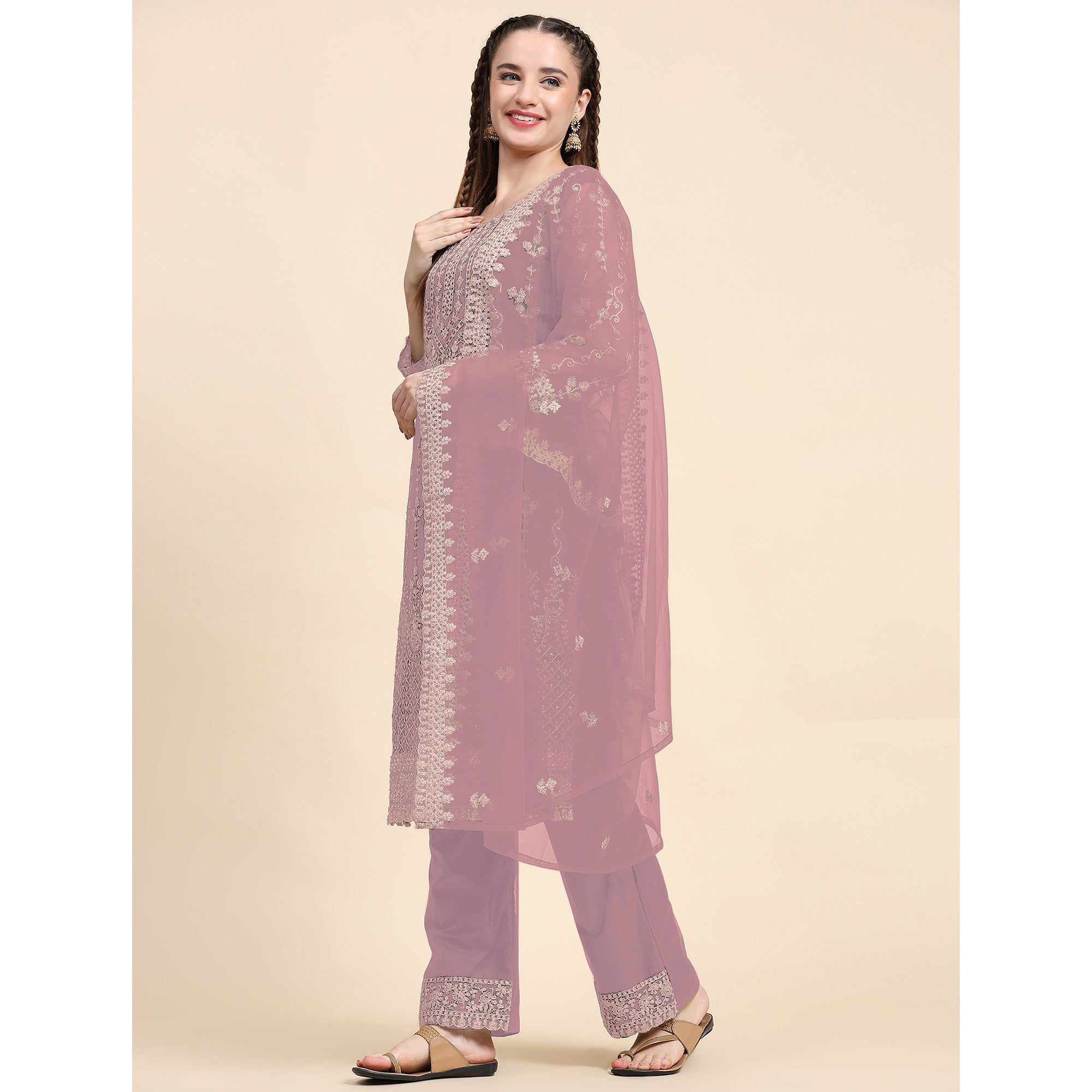 Pastel Pink Sequins Embroidered Net Semi Stitched Pakistani Suit