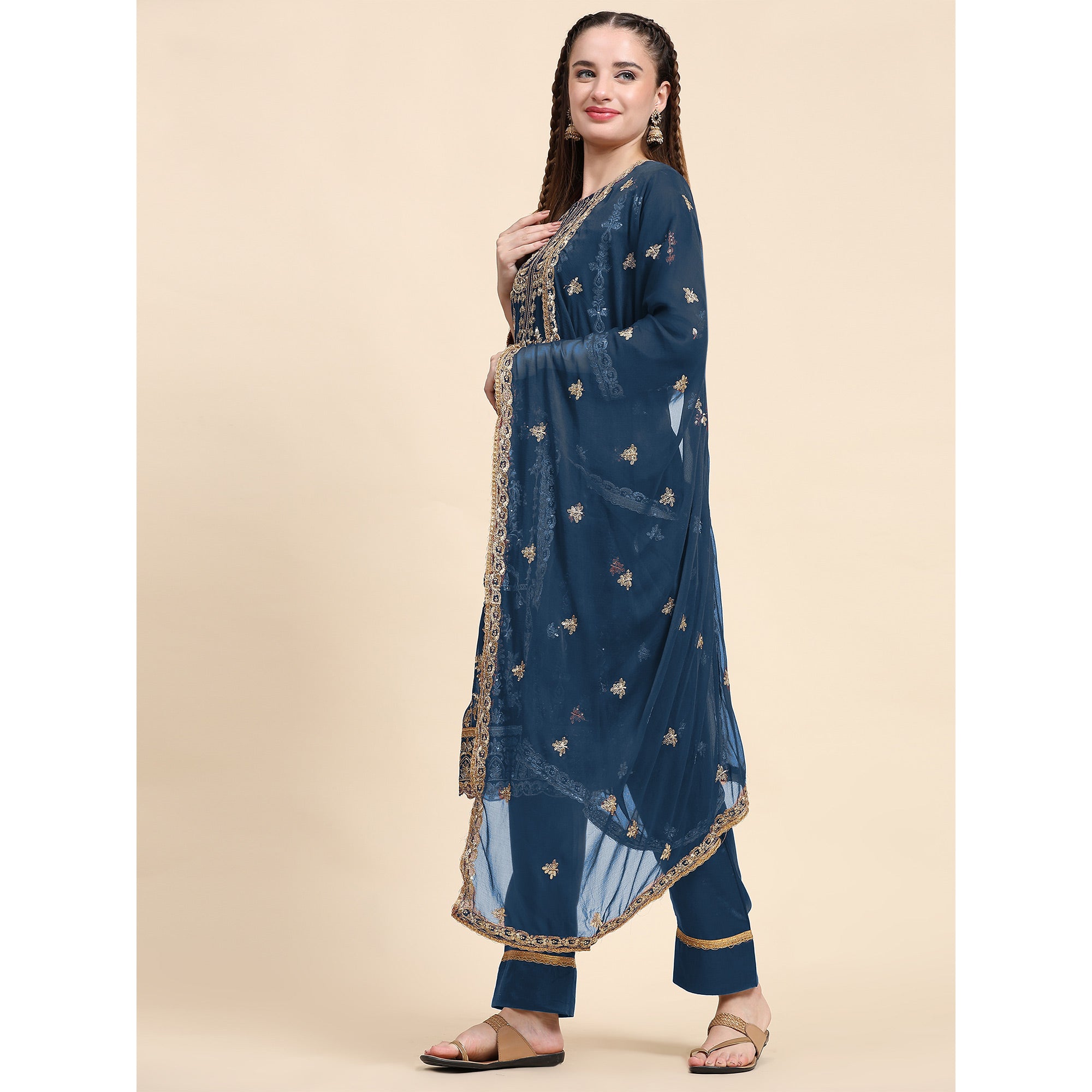 Blue Sequins Embroidered Georgette Semi Stitched Pakistani Suit