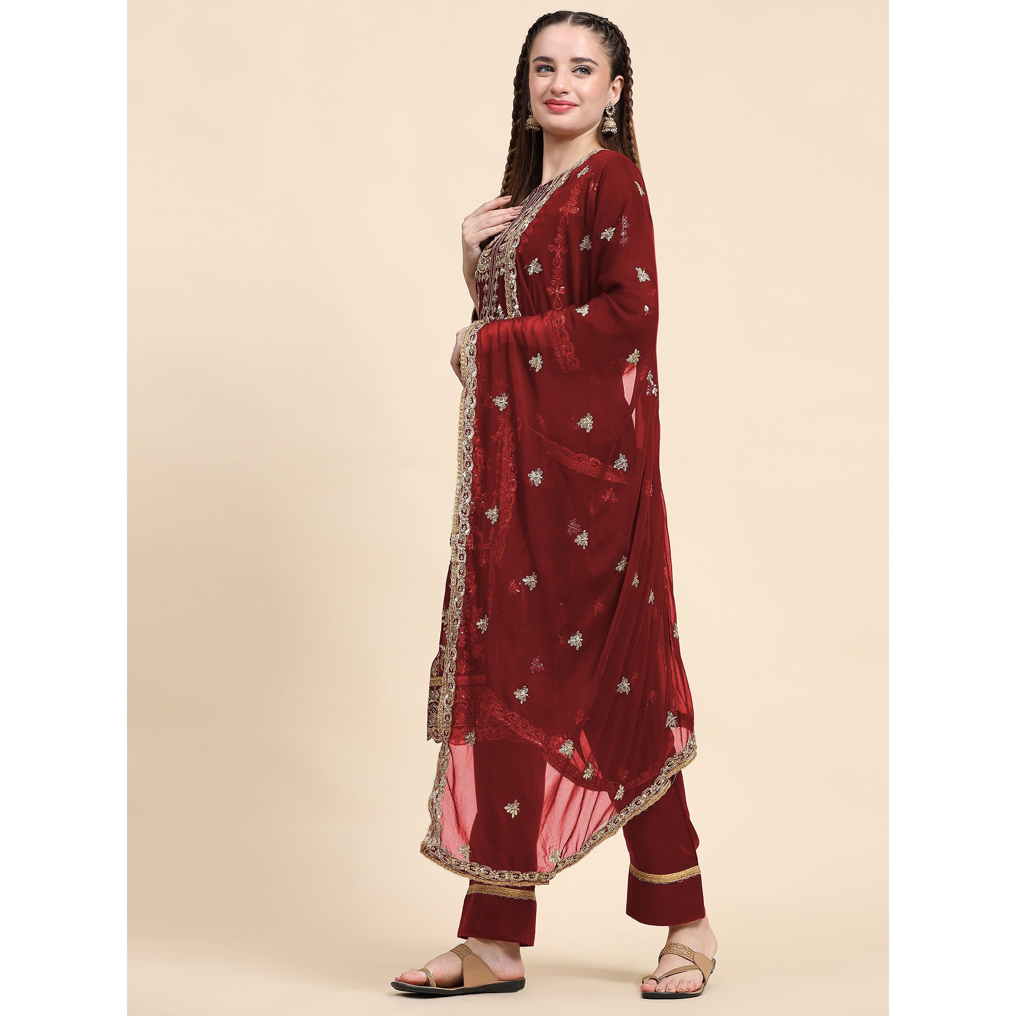 Maroon Sequins Embroidered Georgette Semi Stitched Pakistani Suit