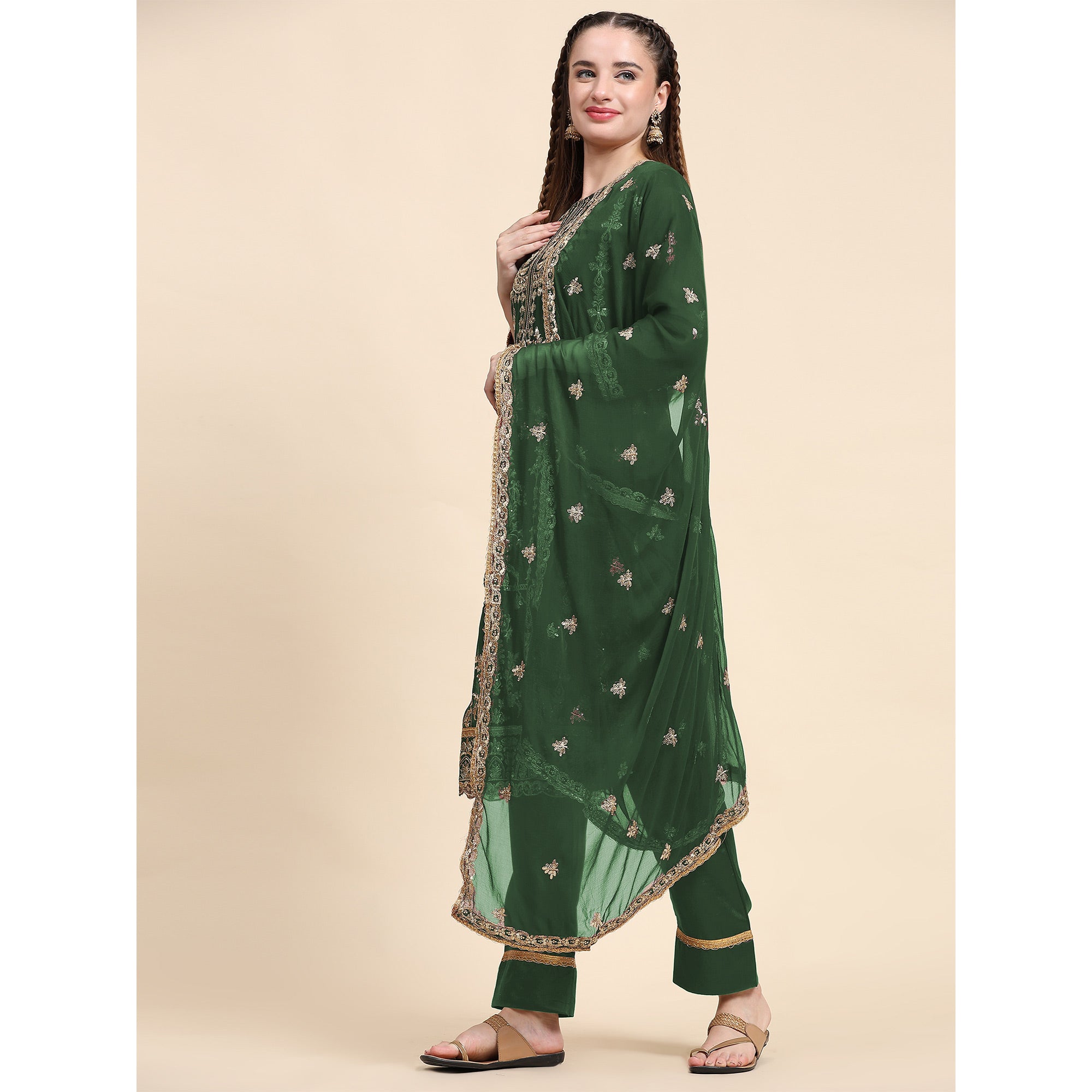 Green Sequins Embroidered Georgette Semi Stitched Pakistani Suit