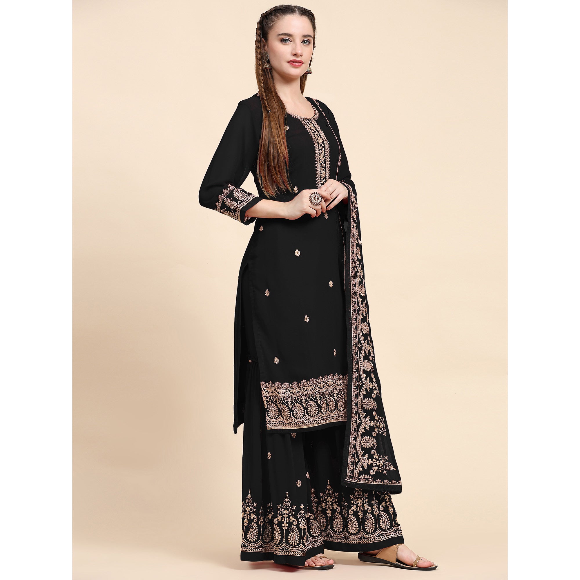 Black Floral Embroidered Georgette Semi Stitched Suit