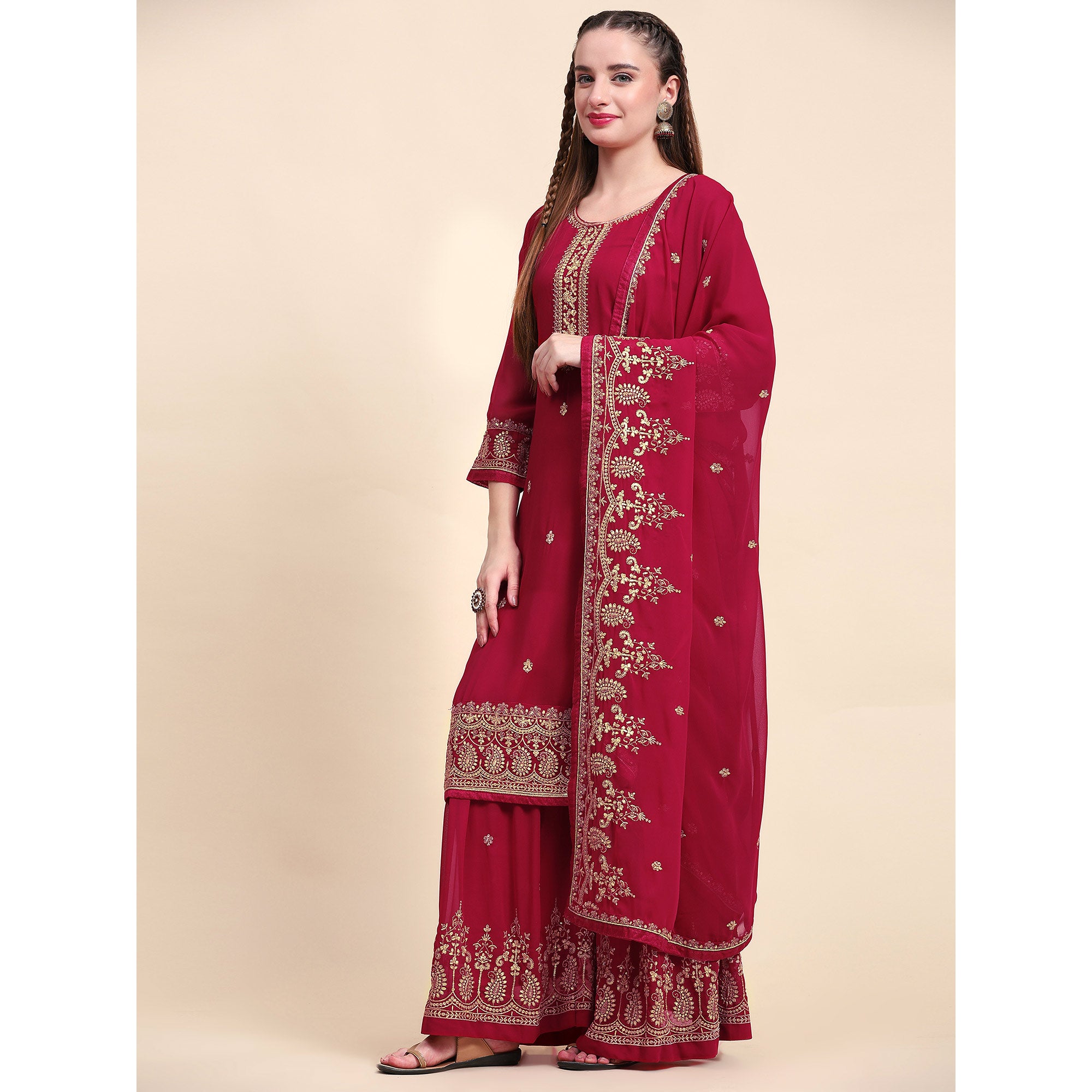 Maroon Floral Embroidered Georgette Semi Stitched Suit