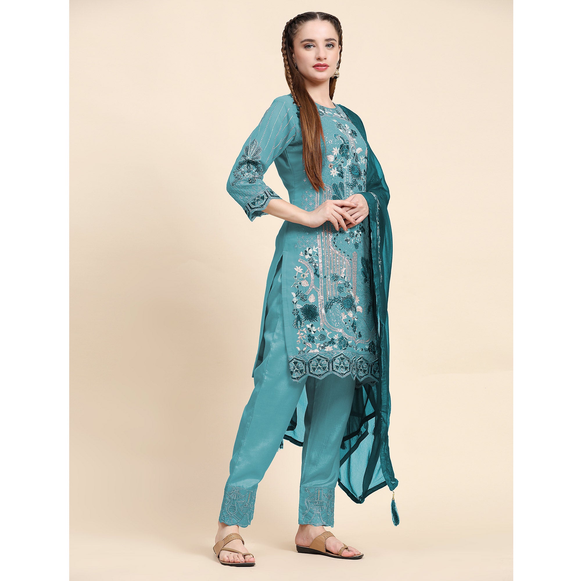 Blue Floral Embroidered Georgette Semi Stitched Pakistani Suit