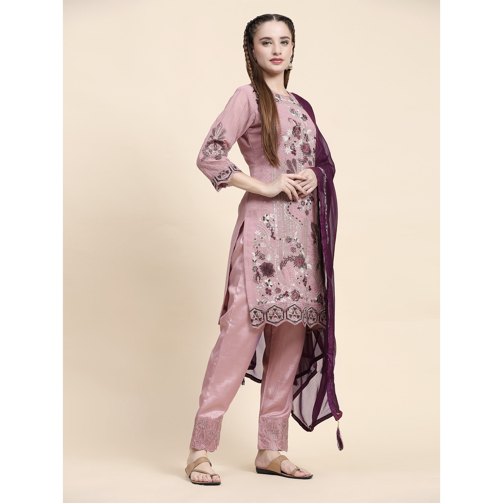 Pink Floral Embroidered Georgette Semi Stitched Pakistani Suit