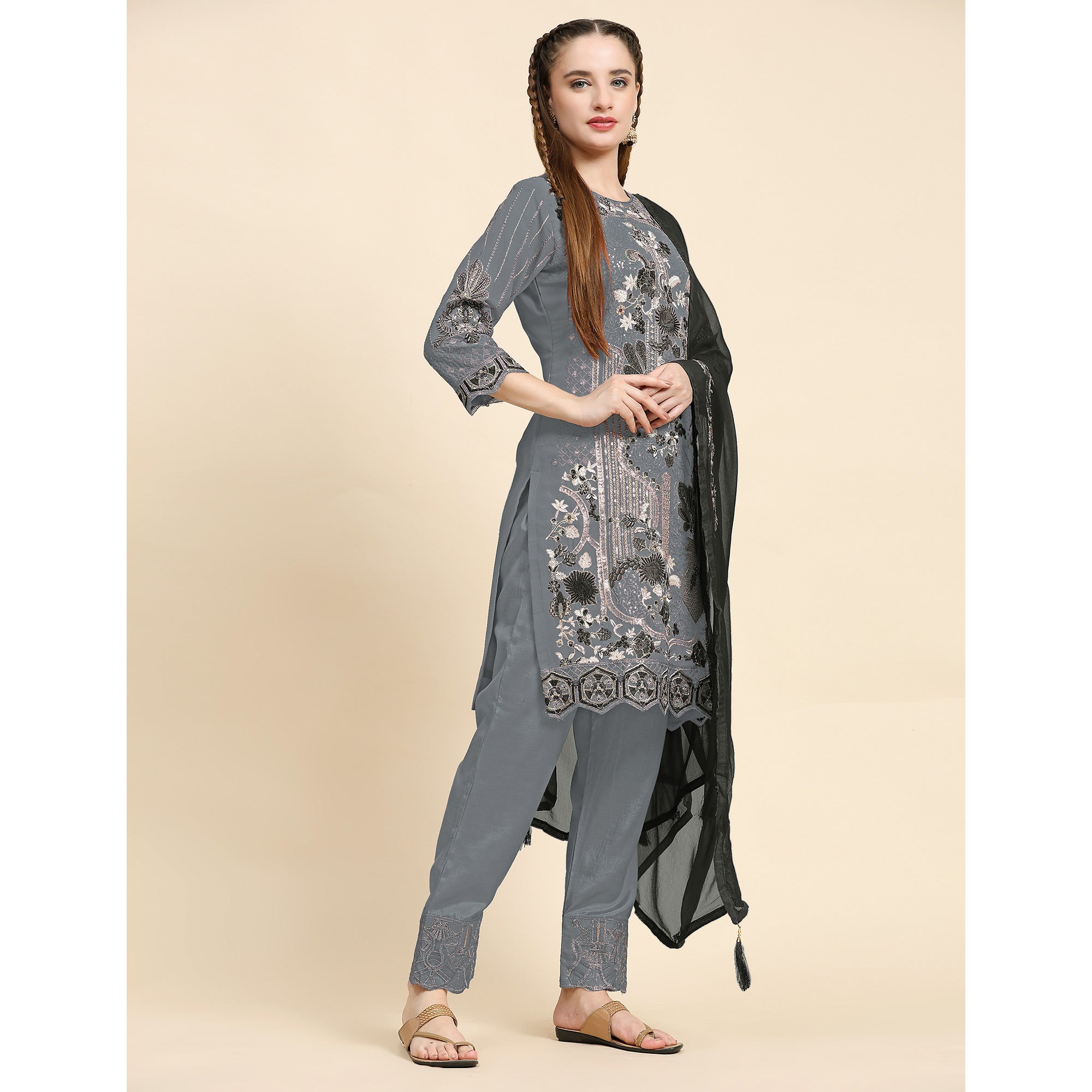 Grey Floral Embroidered Georgette Semi Stitched Pakistani Suit