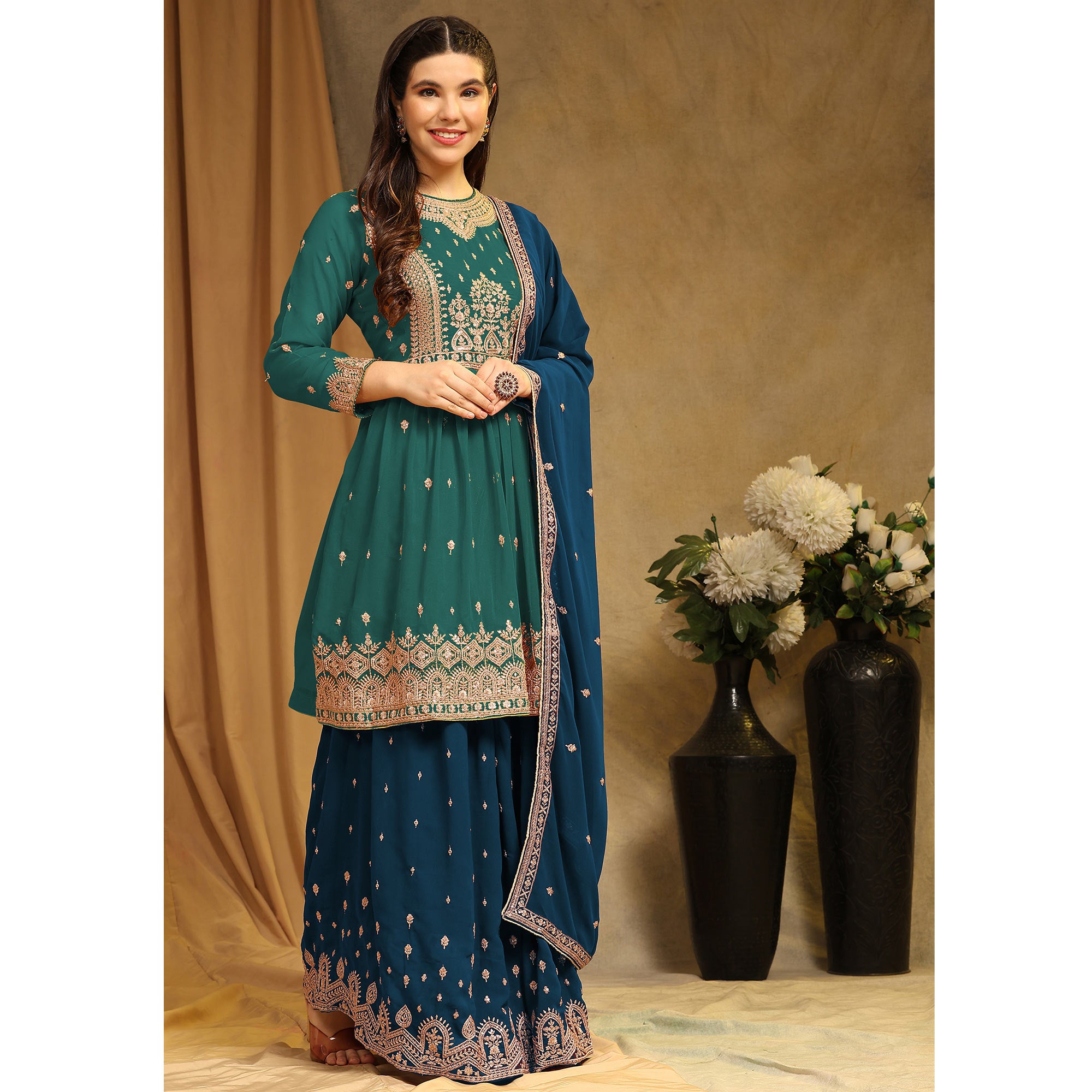 Teal Green Floral Embroidered Georgette Semi Stitched Sharara Suit