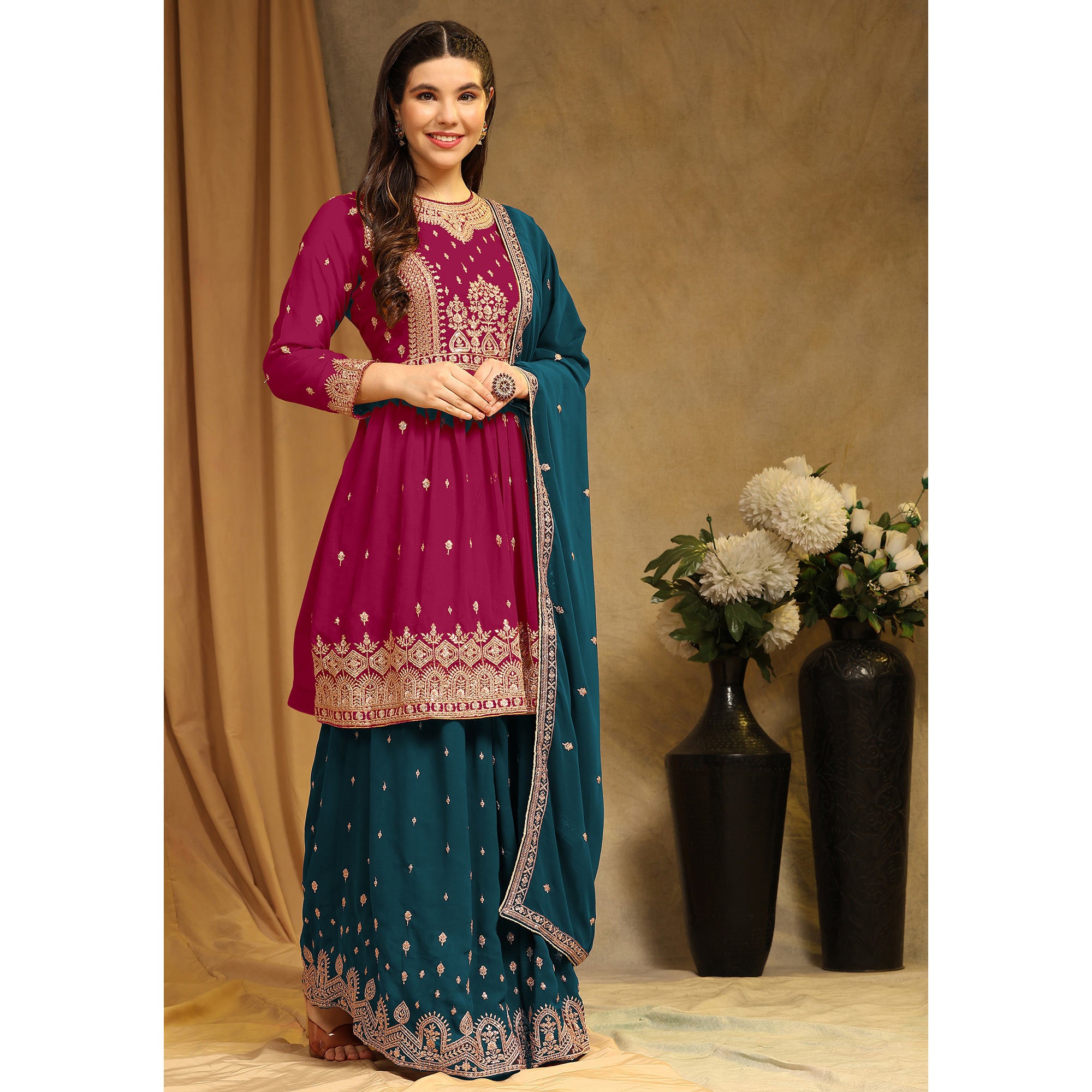 Pink Floral Embroidered Georgette Semi Stitched Sharara Suit