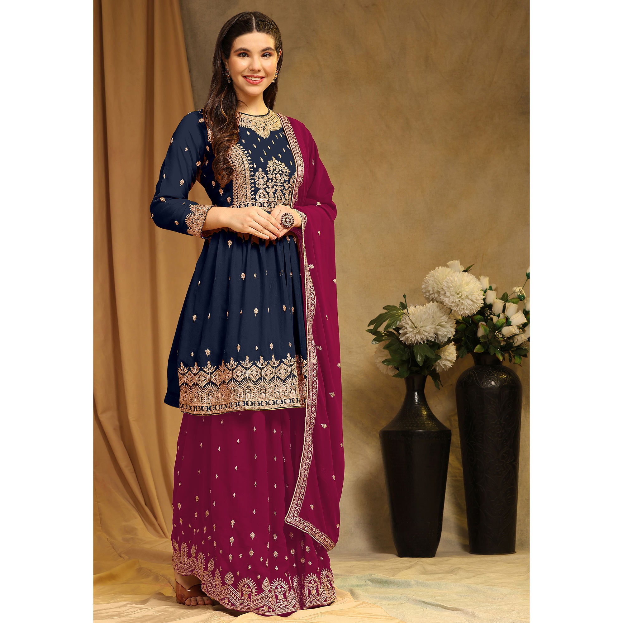 Blue Floral Embroidered Georgette Semi Stitched Sharara Suit