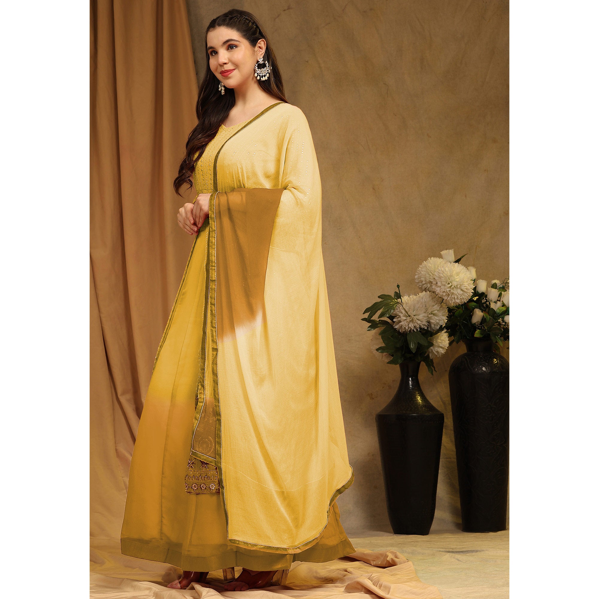 Yellow Sequins Embroidered Georgette Semi Stitched Sharara Suit