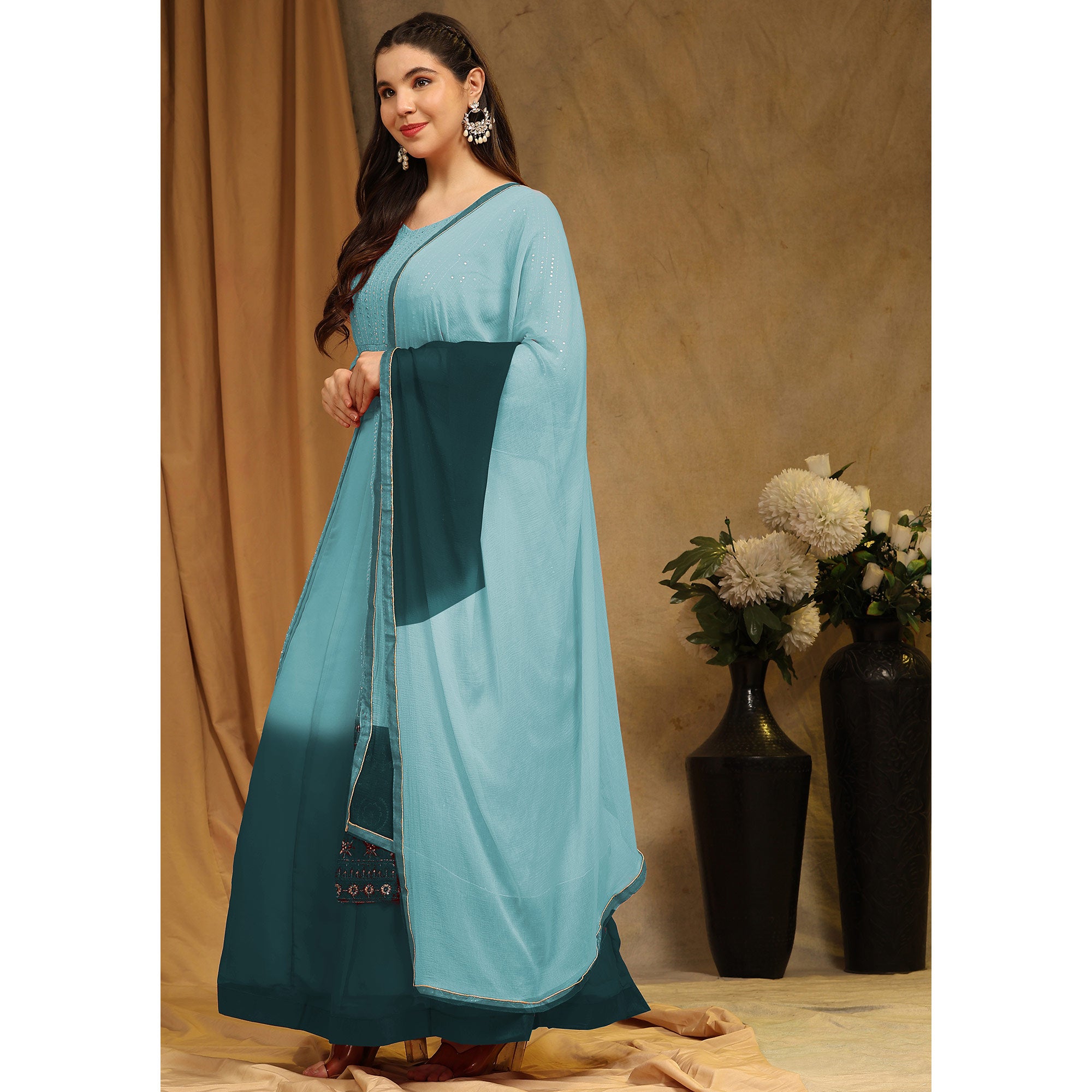 Sky Blue Sequins Embroidered Georgette Semi Stitched Sharara Suit