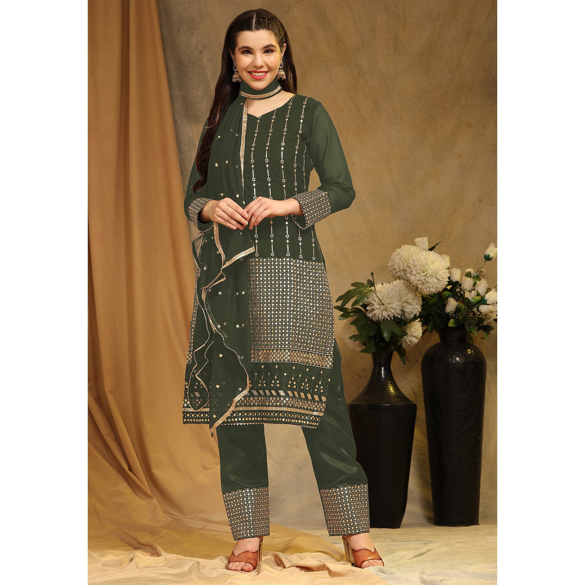 Mehendi Green Sequins Embroidered Georgette Semi Stitched Salwar Suit