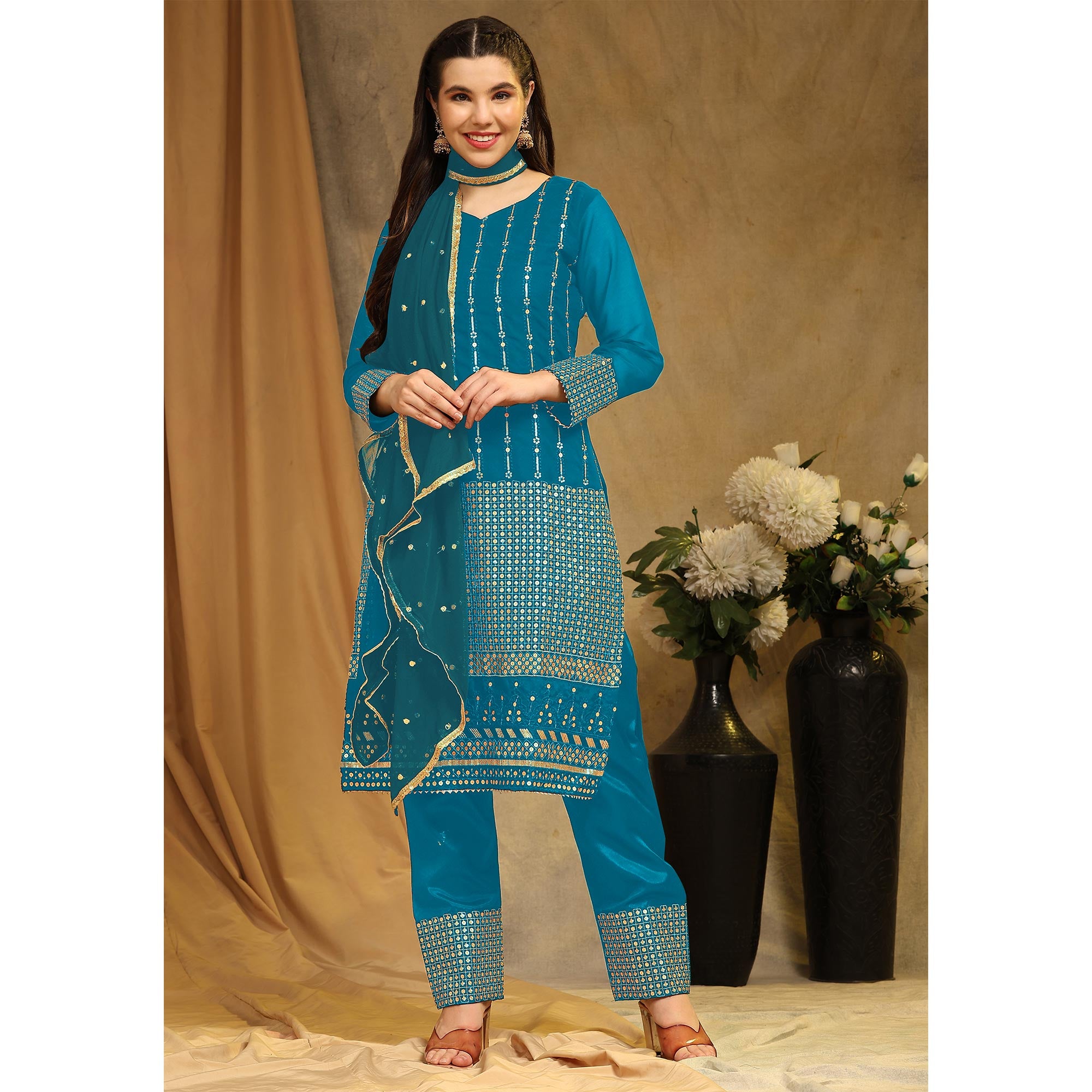 Rama Blue Sequins Embroidered Georgette Semi Stitched Salwar Suit