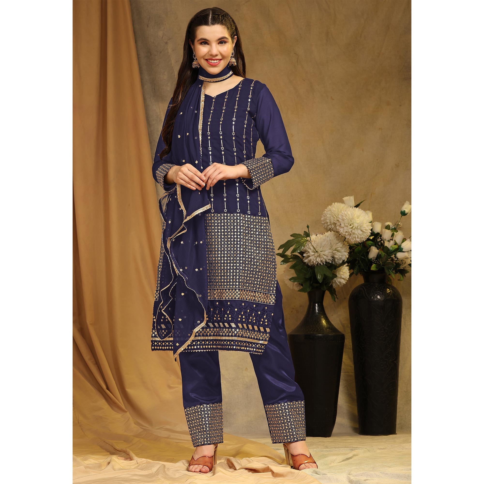 Navy Blue Sequins Embroidered Georgette Semi Stitched Salwar Suit