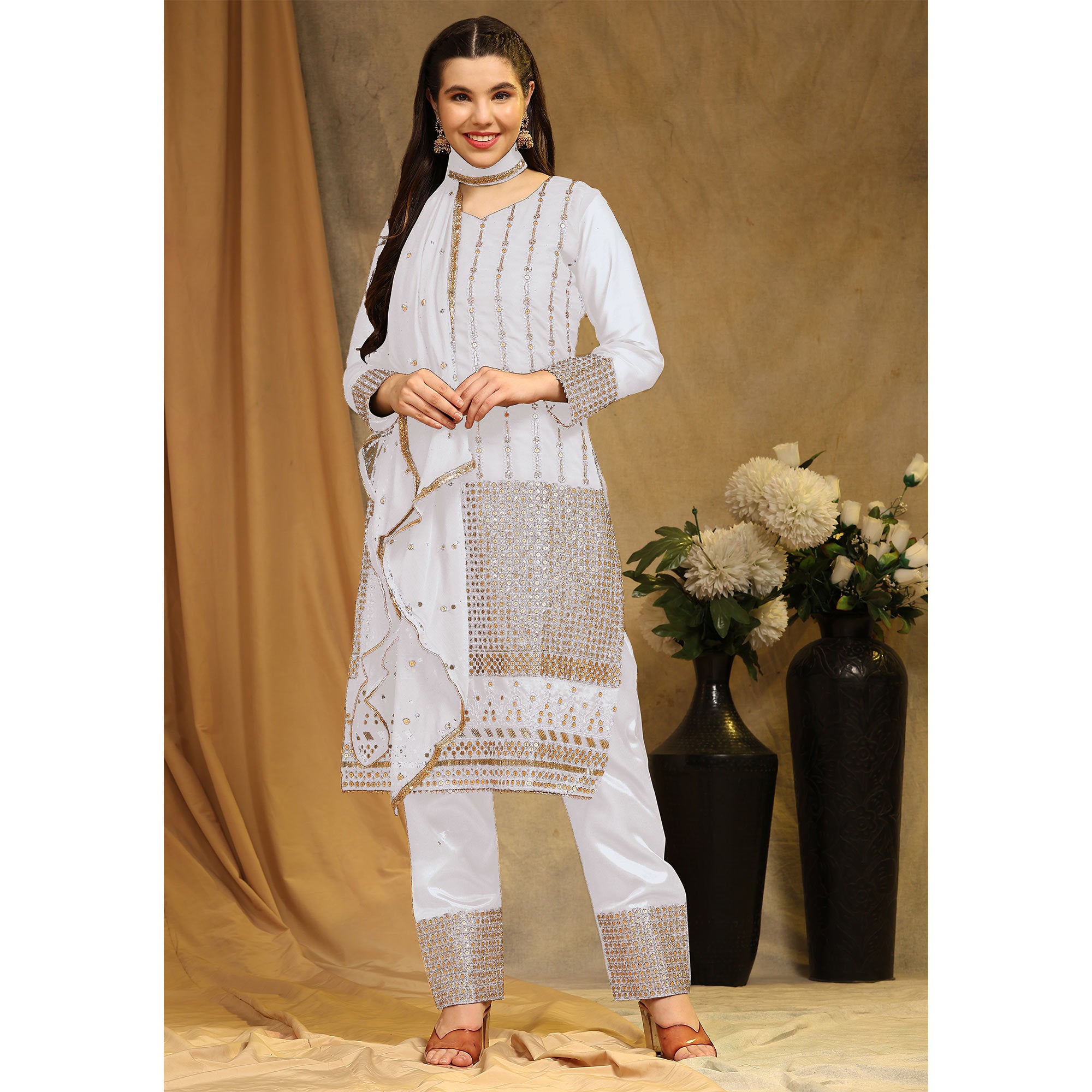 White Sequins Embroidered Georgette Semi Stitched Salwar Suit