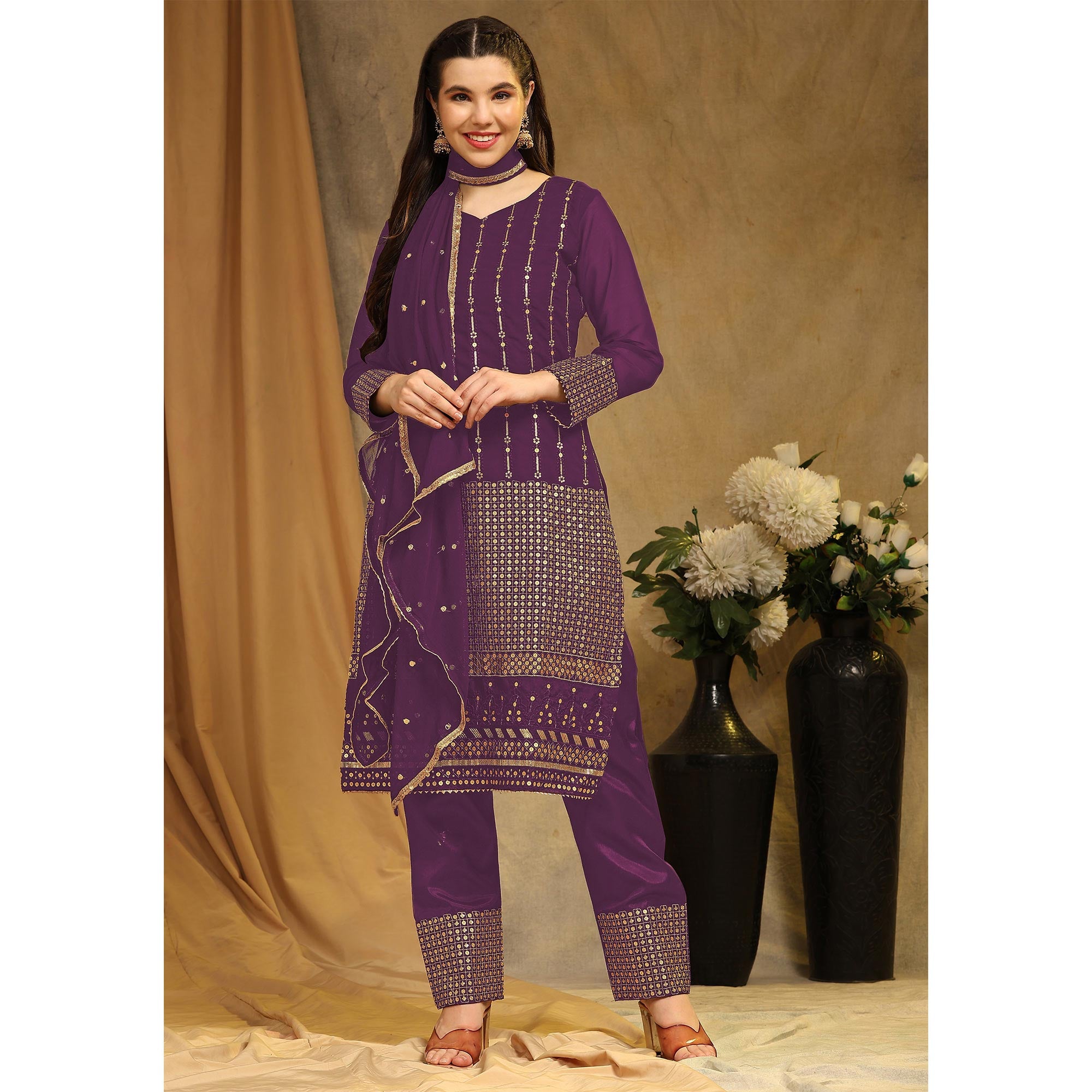 Wine Sequins Embroidered Georgette Semi Stitched Salwar Suit