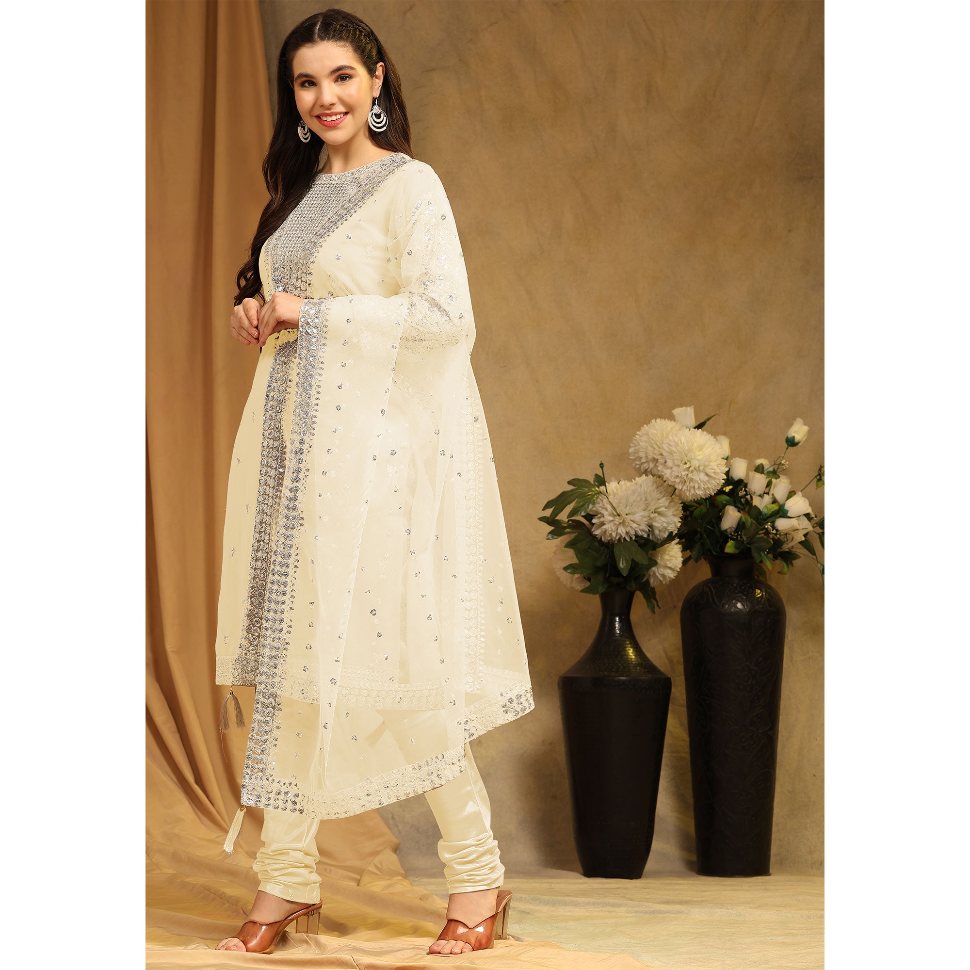 Cream Sequins Embroidered Georgette Semi Stitched Salwar Suit