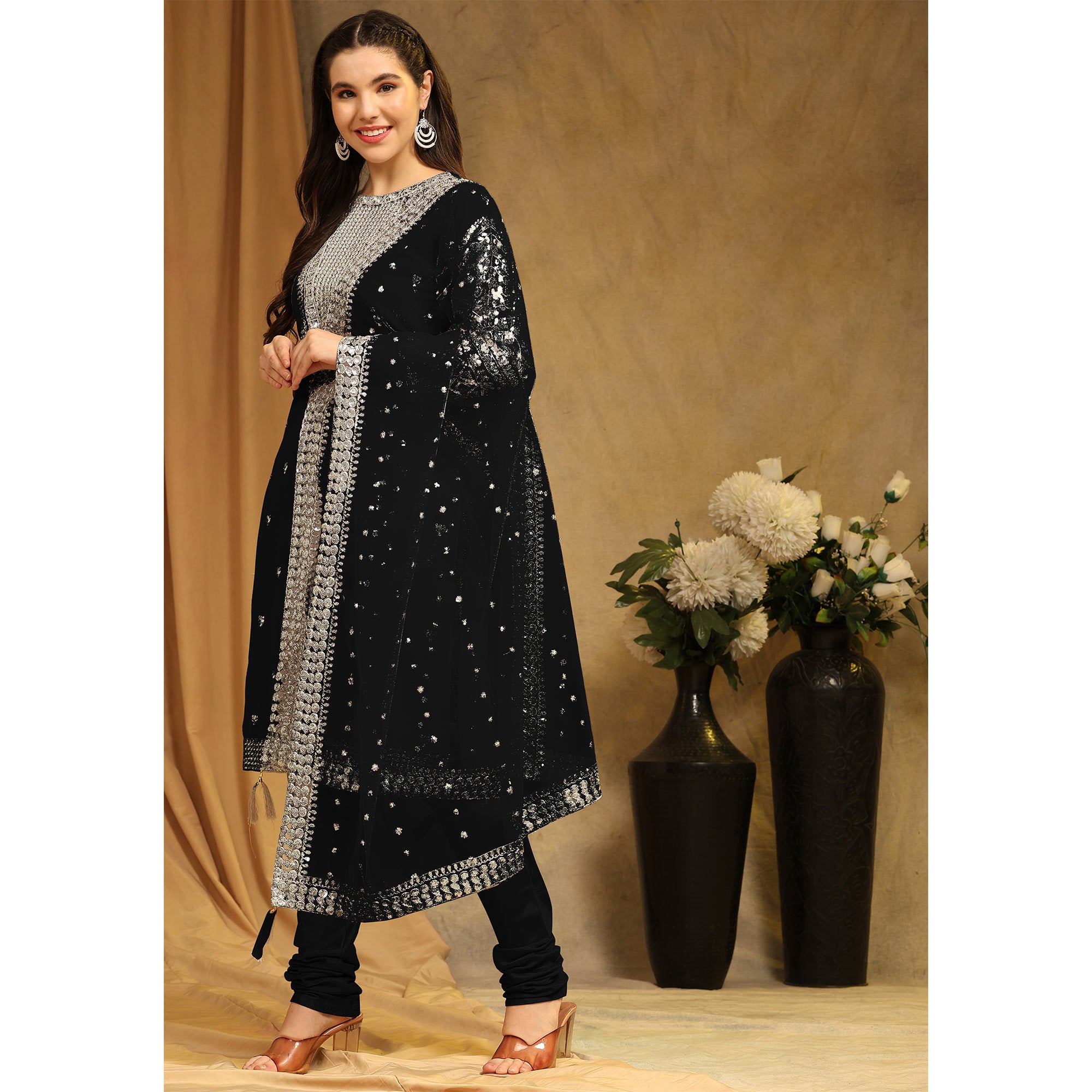 Black Sequins Embroidered Georgette Semi Stitched Salwar Suit