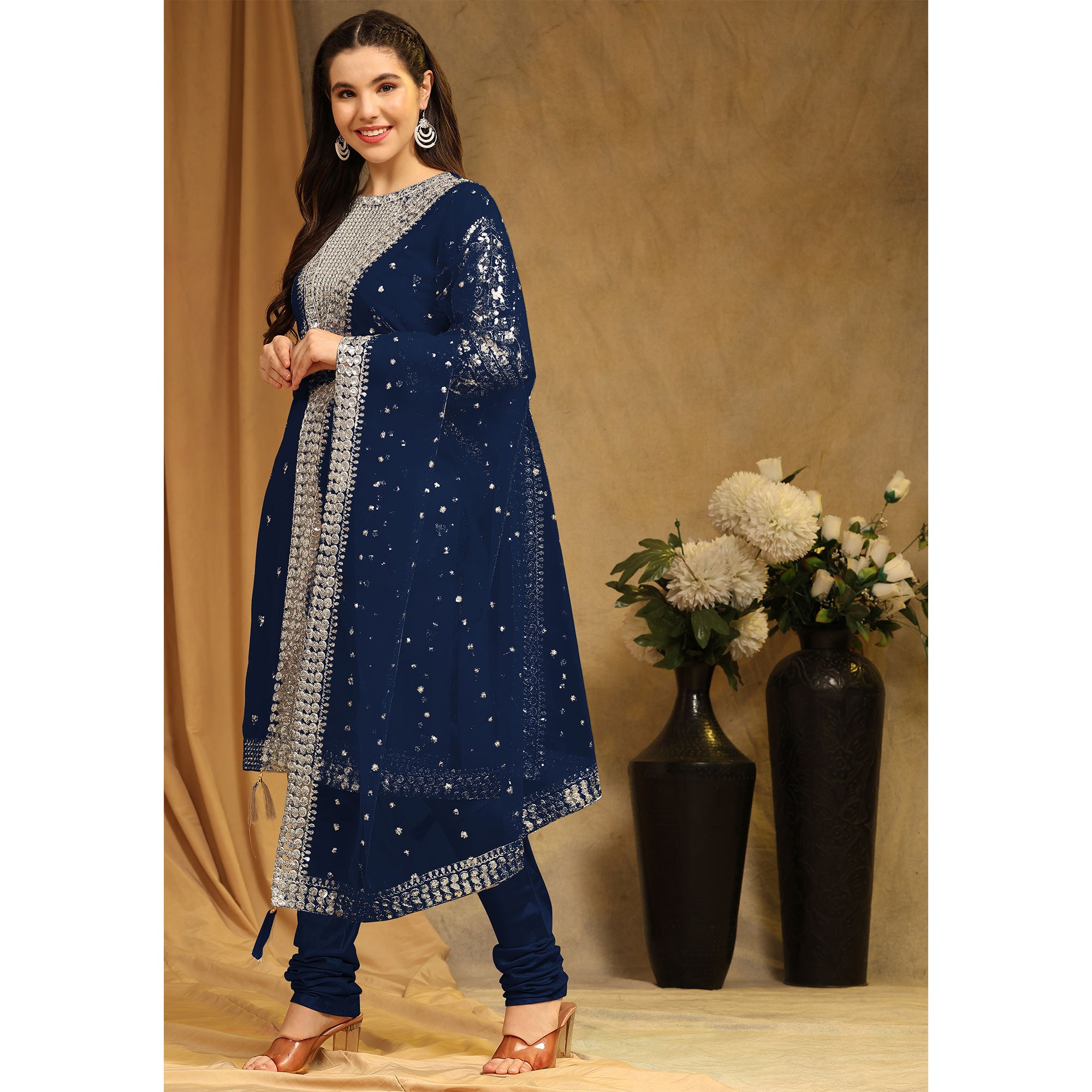 Blue Sequins Embroidered Georgette Semi Stitched Salwar Suit