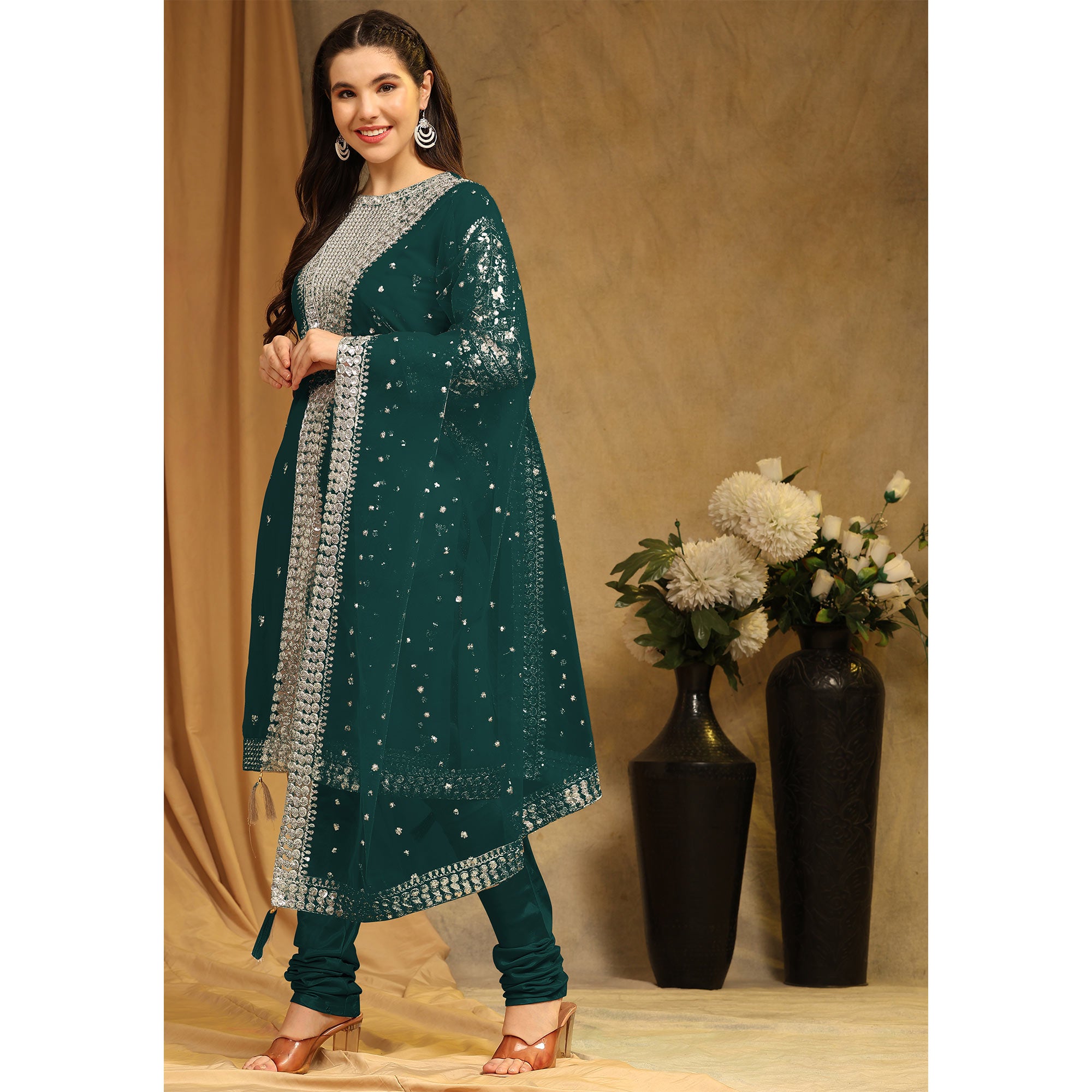 Rama Green Sequins Embroidered Georgette Semi Stitched Salwar Suit