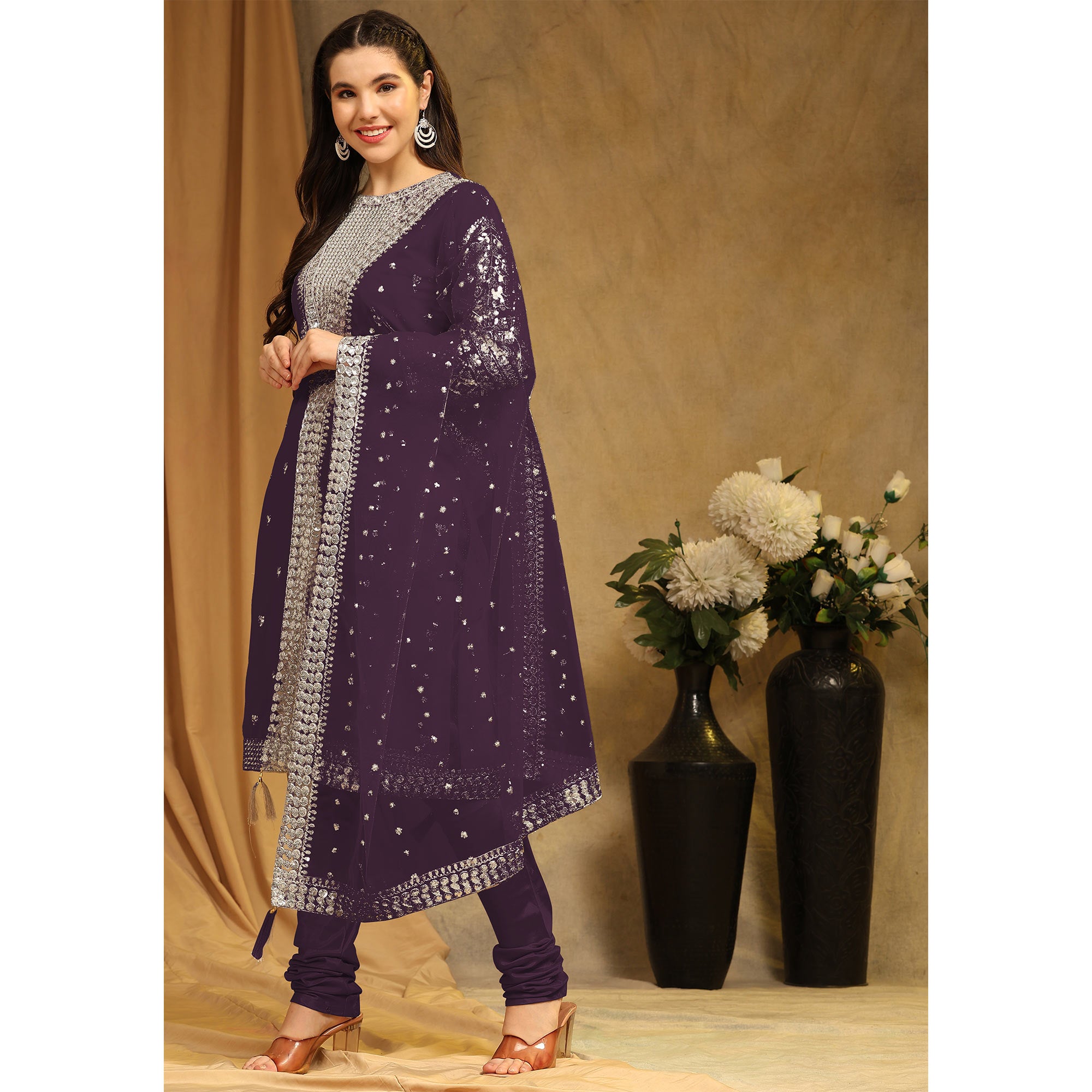 Wine Sequins Embroidered Georgette Semi Stitched Salwar Suit