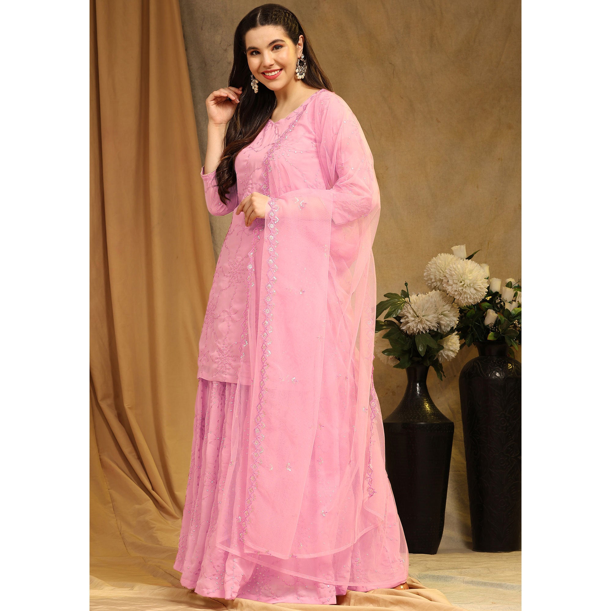 Pink Embroidered Georgette Semi Stitched Sharara Suit