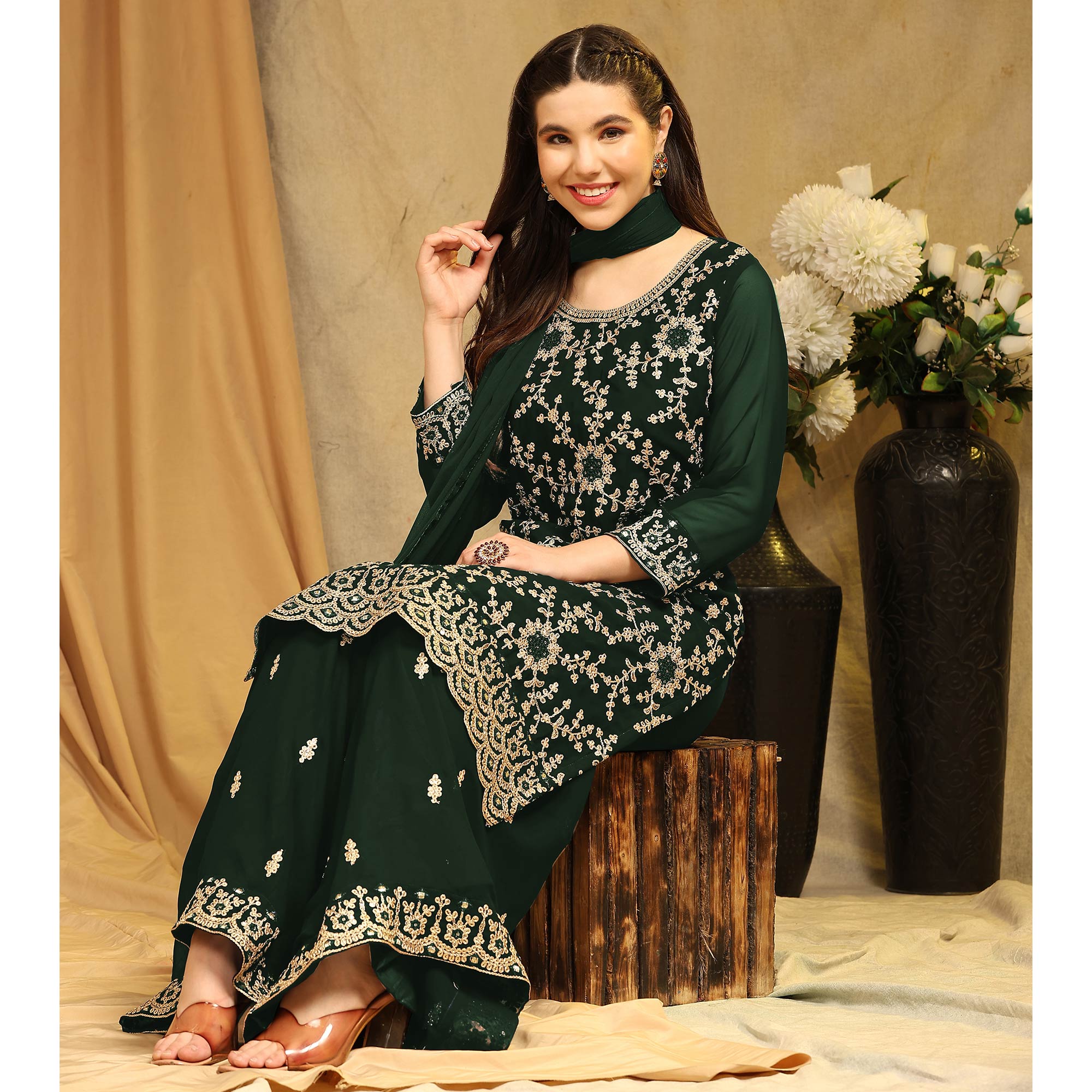 Bottle Green Floral Embroidered Georgette Semi Stitched Suit