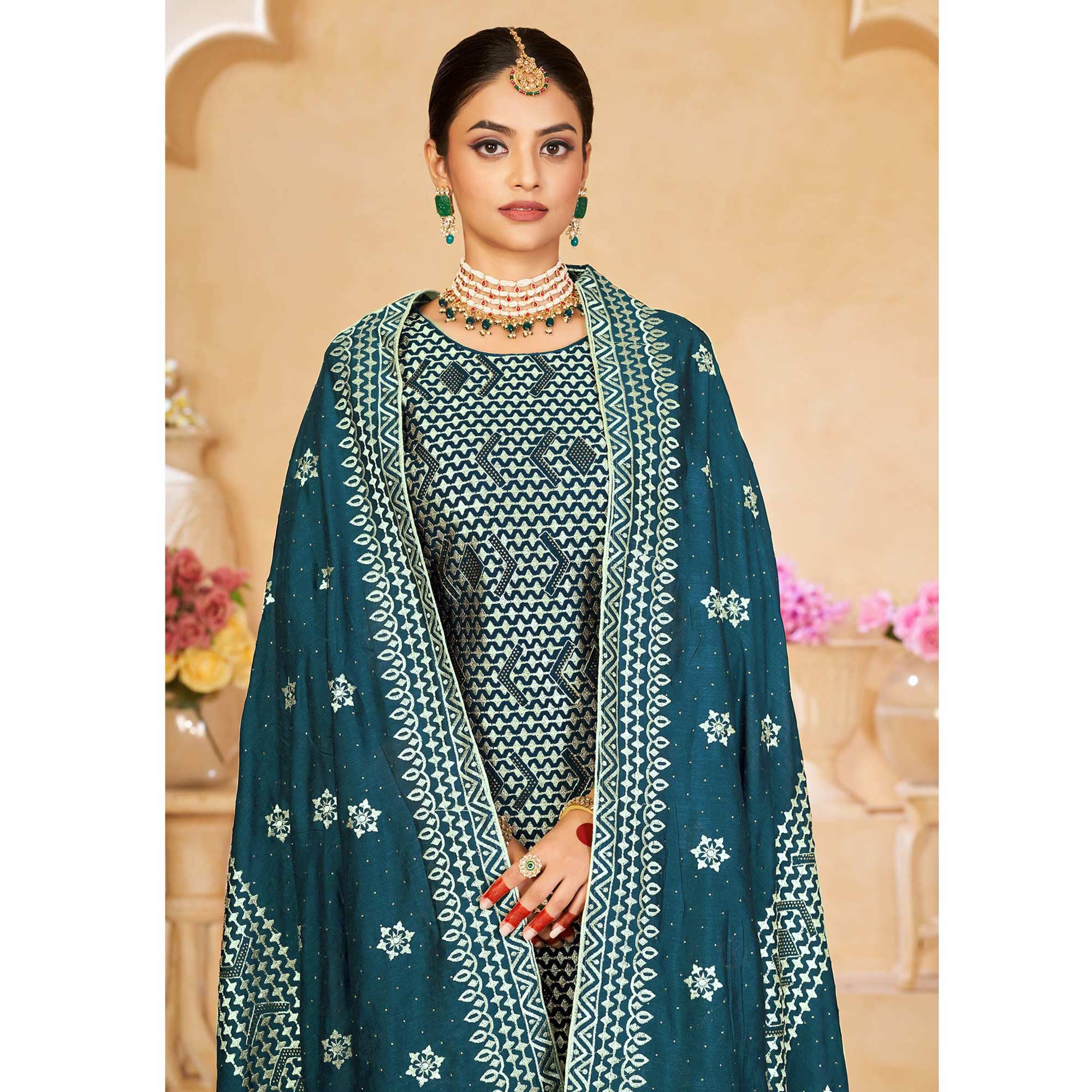Teal Green Embroidered With Swarovski Work Vichitra Silk Semi Stitched Salwar Suit