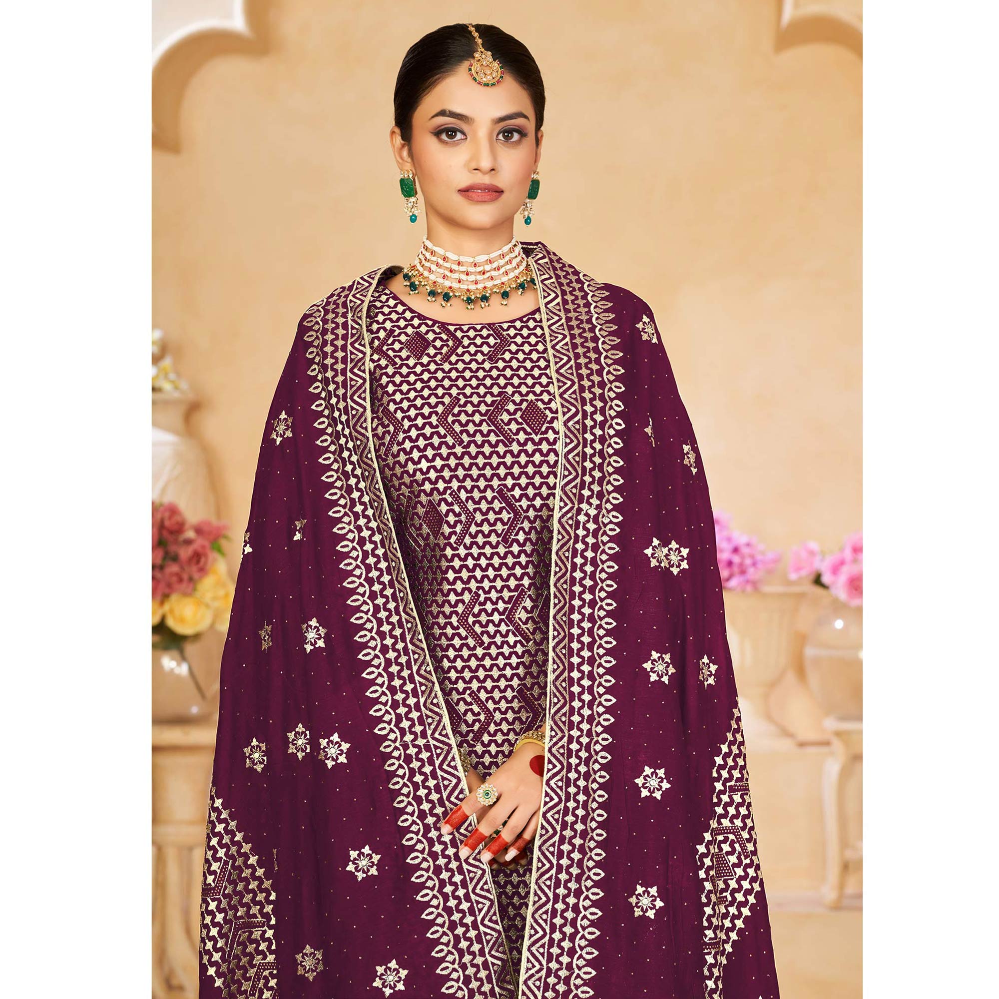 Wine Embroidered With Swarovski Work Vichitra Silk Semi Stitched Salwar Suit