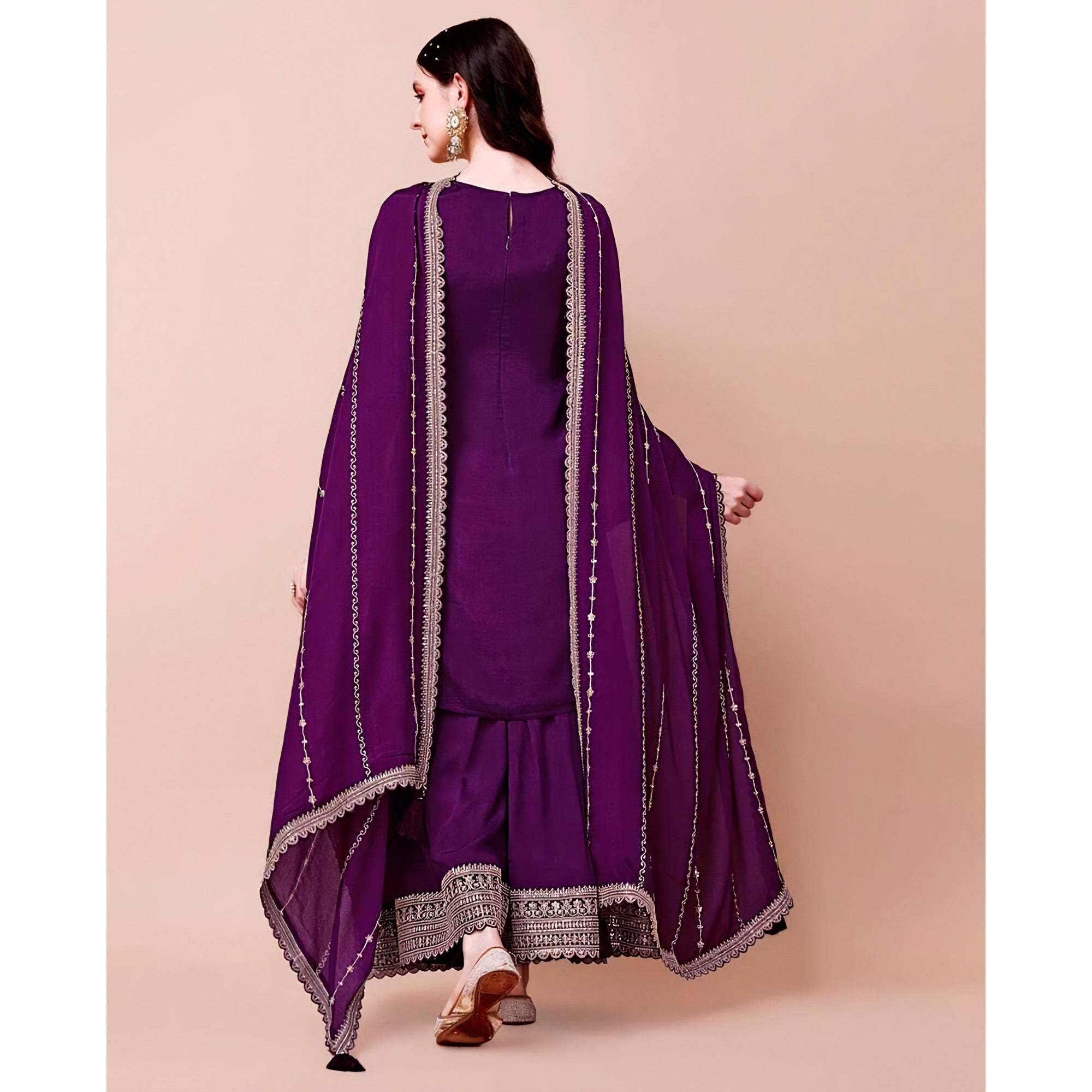 Purple Floral Zari Woven Chinon Semi Stitched Dress Material