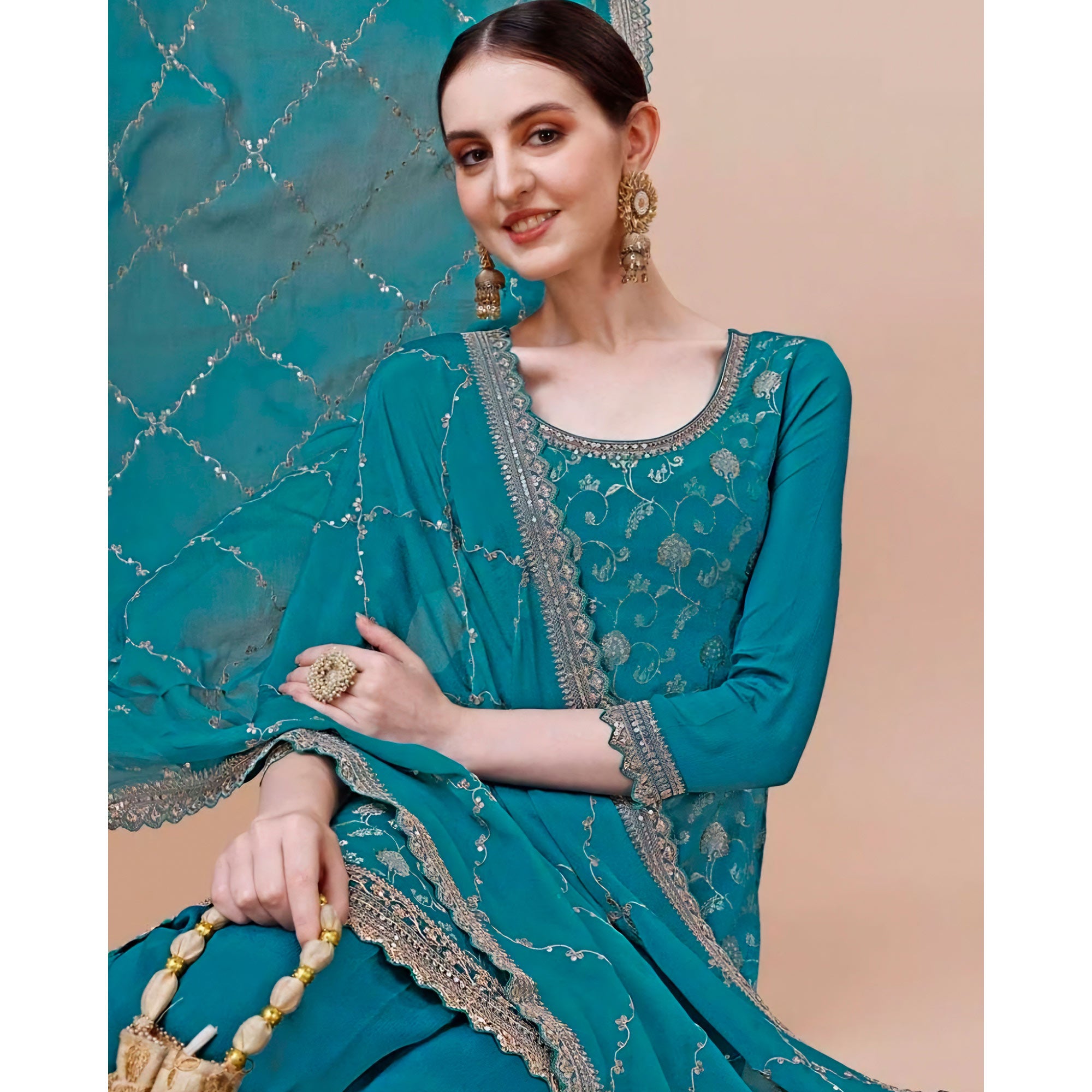 Rama Blue Floral Zari Woven Chinon Semi Stitched Dress Material